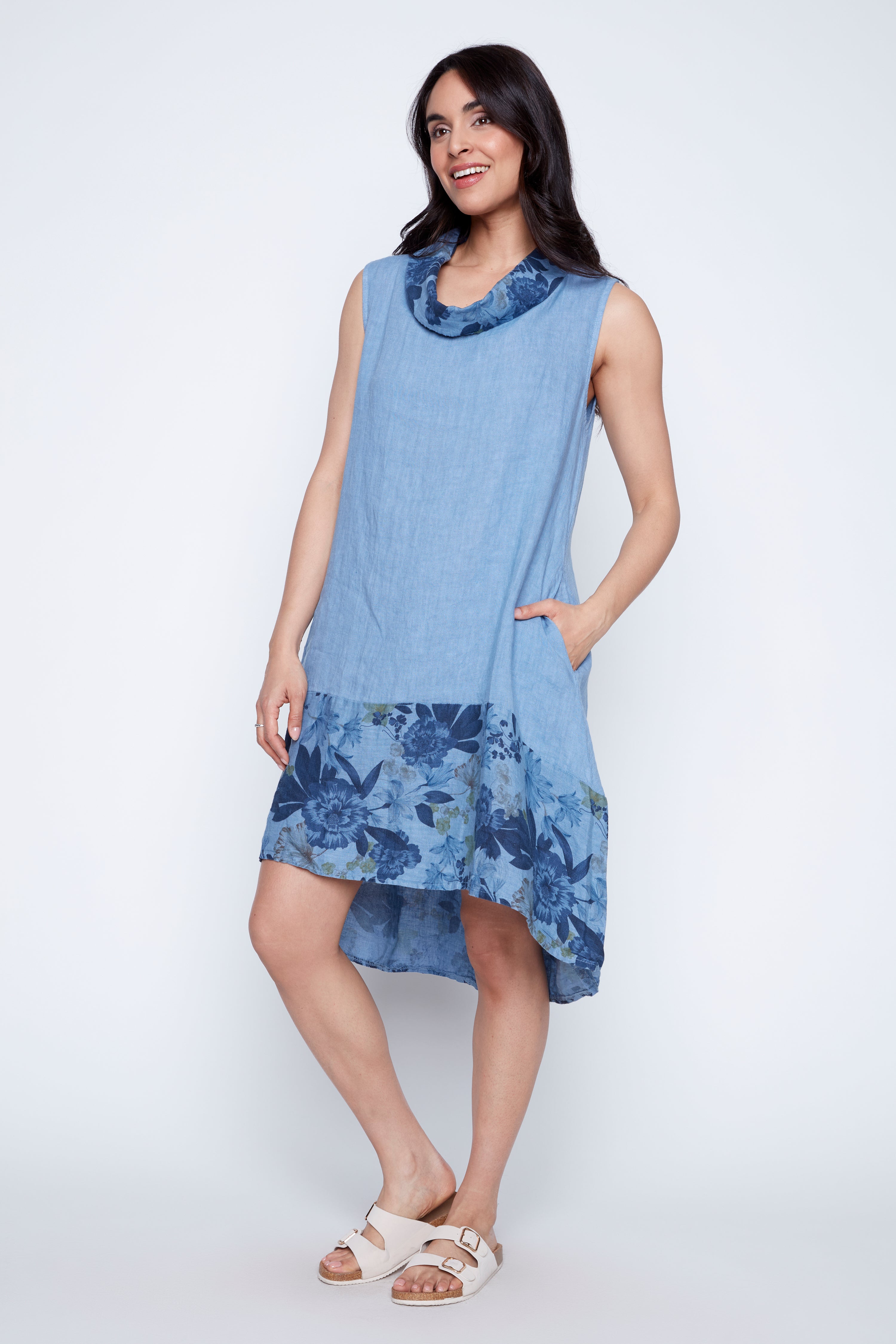 Floral border print linen dress
