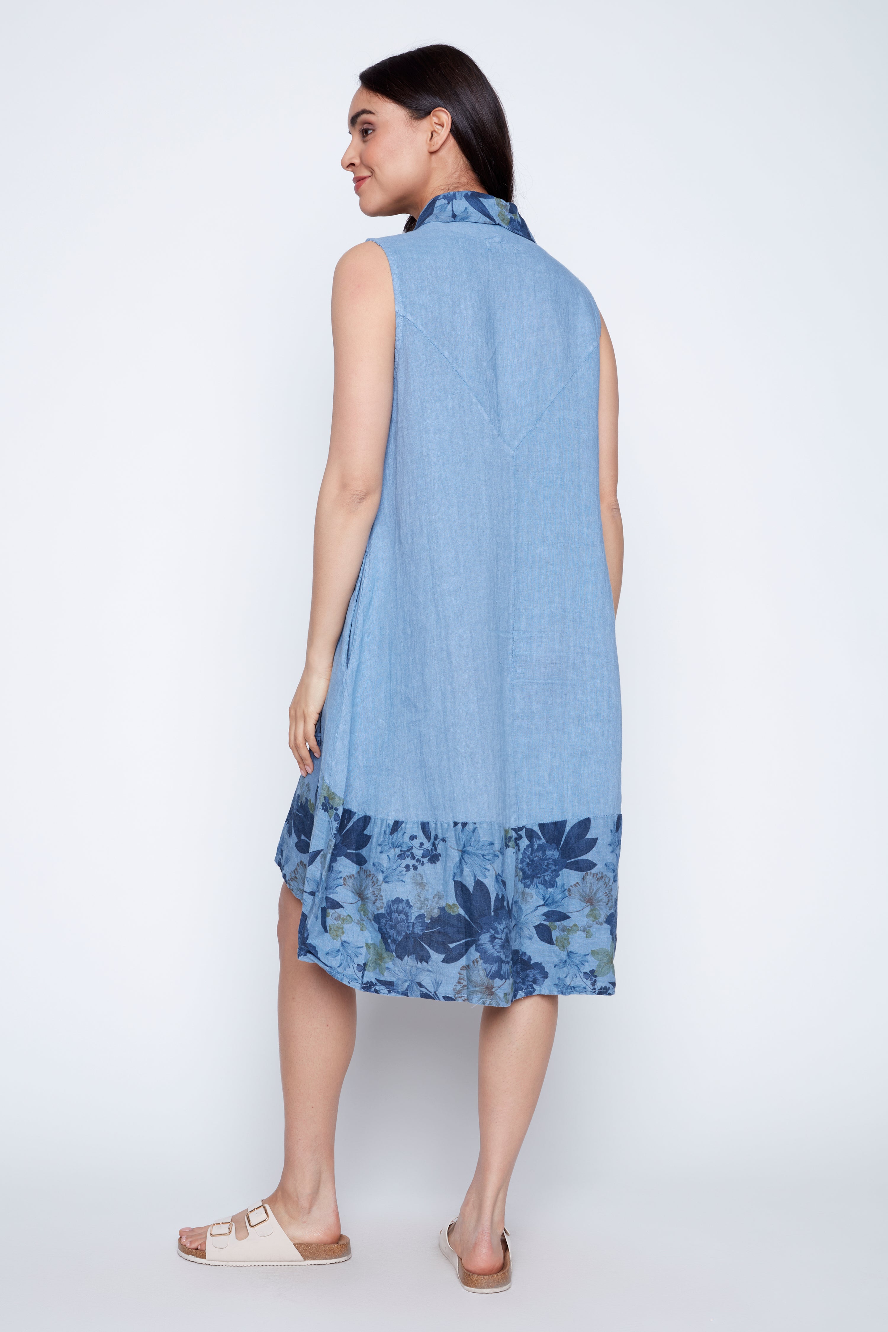 Floral border print linen dress