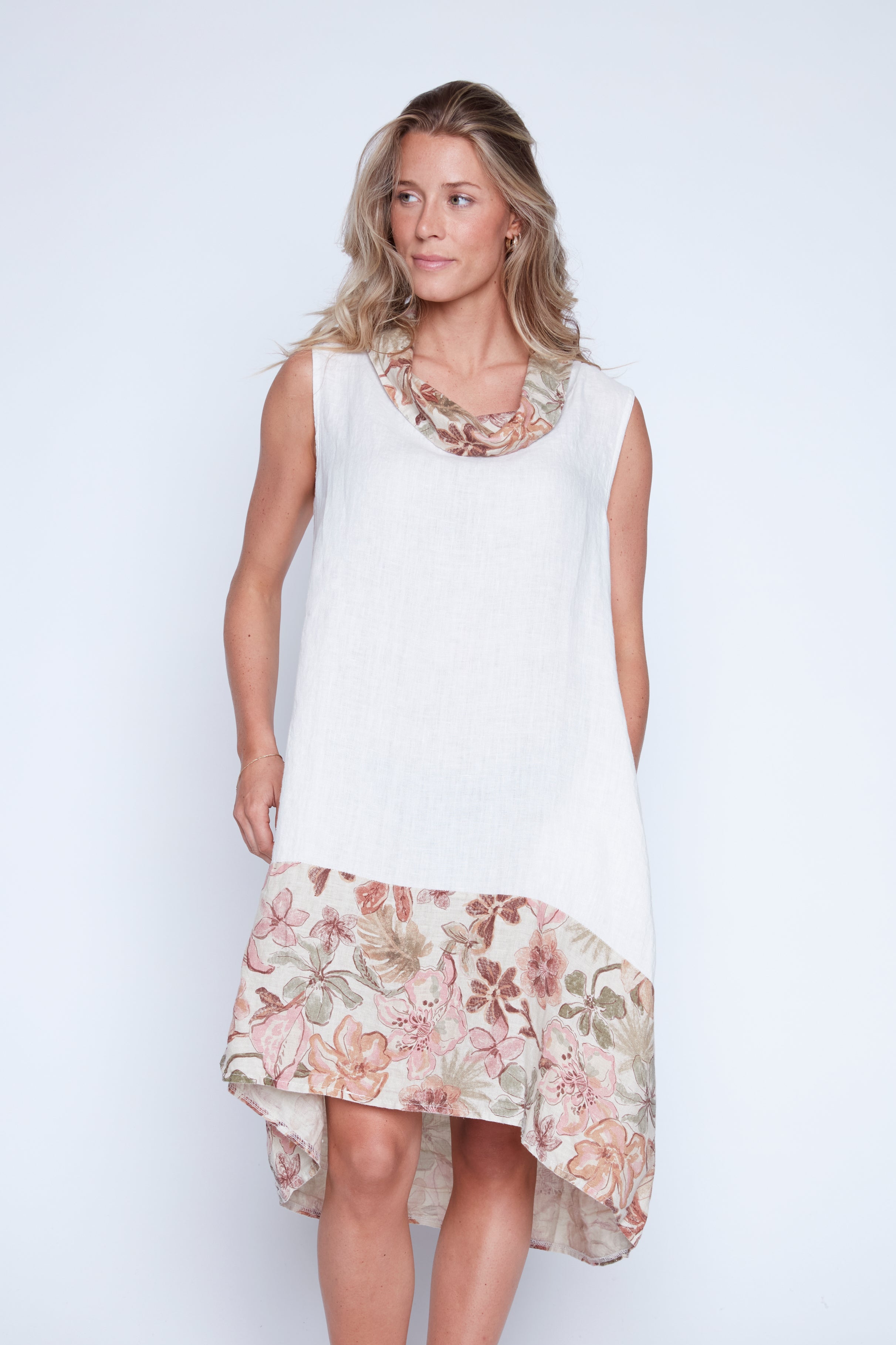 Border print linen dress