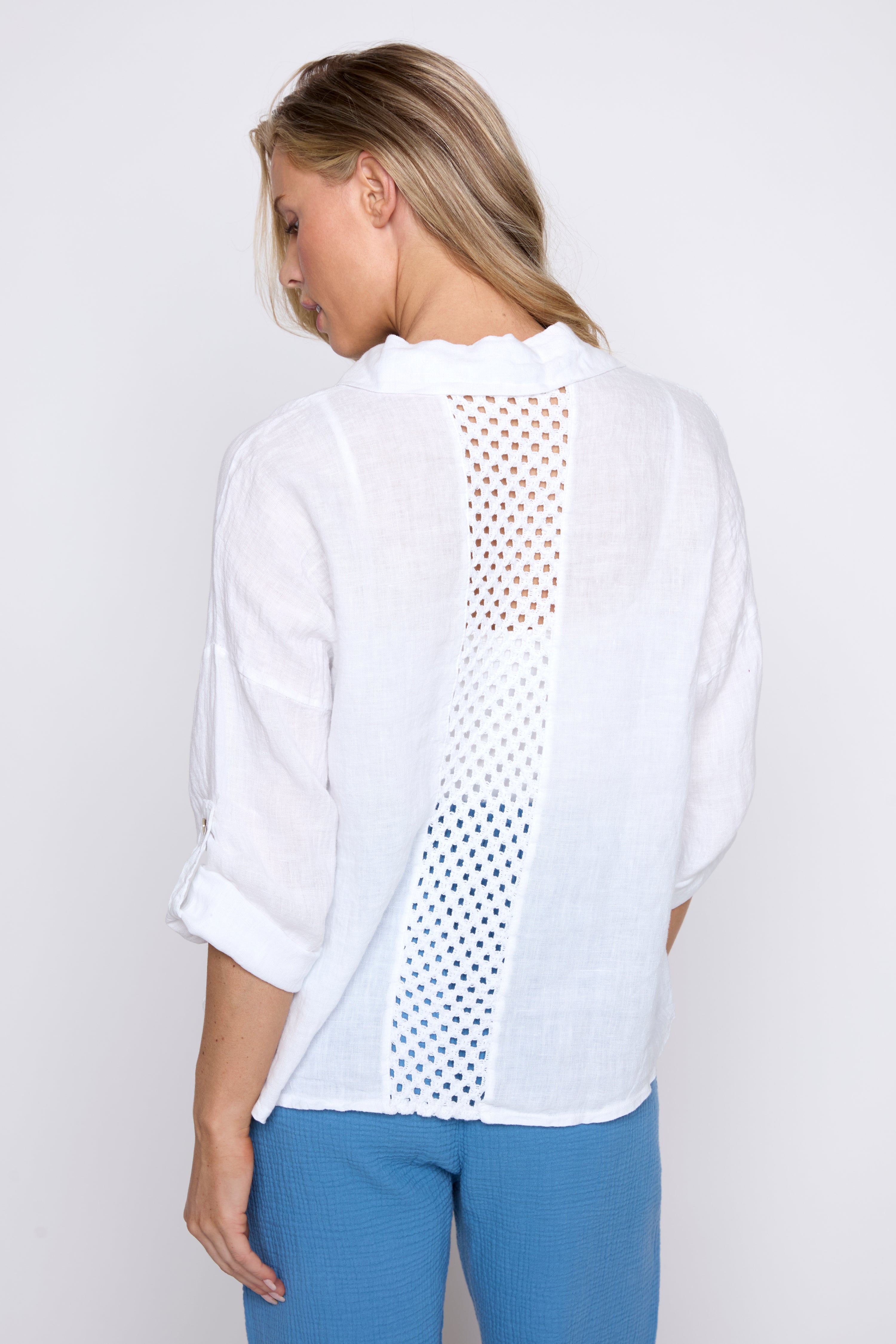 Crochet trim linen blouse