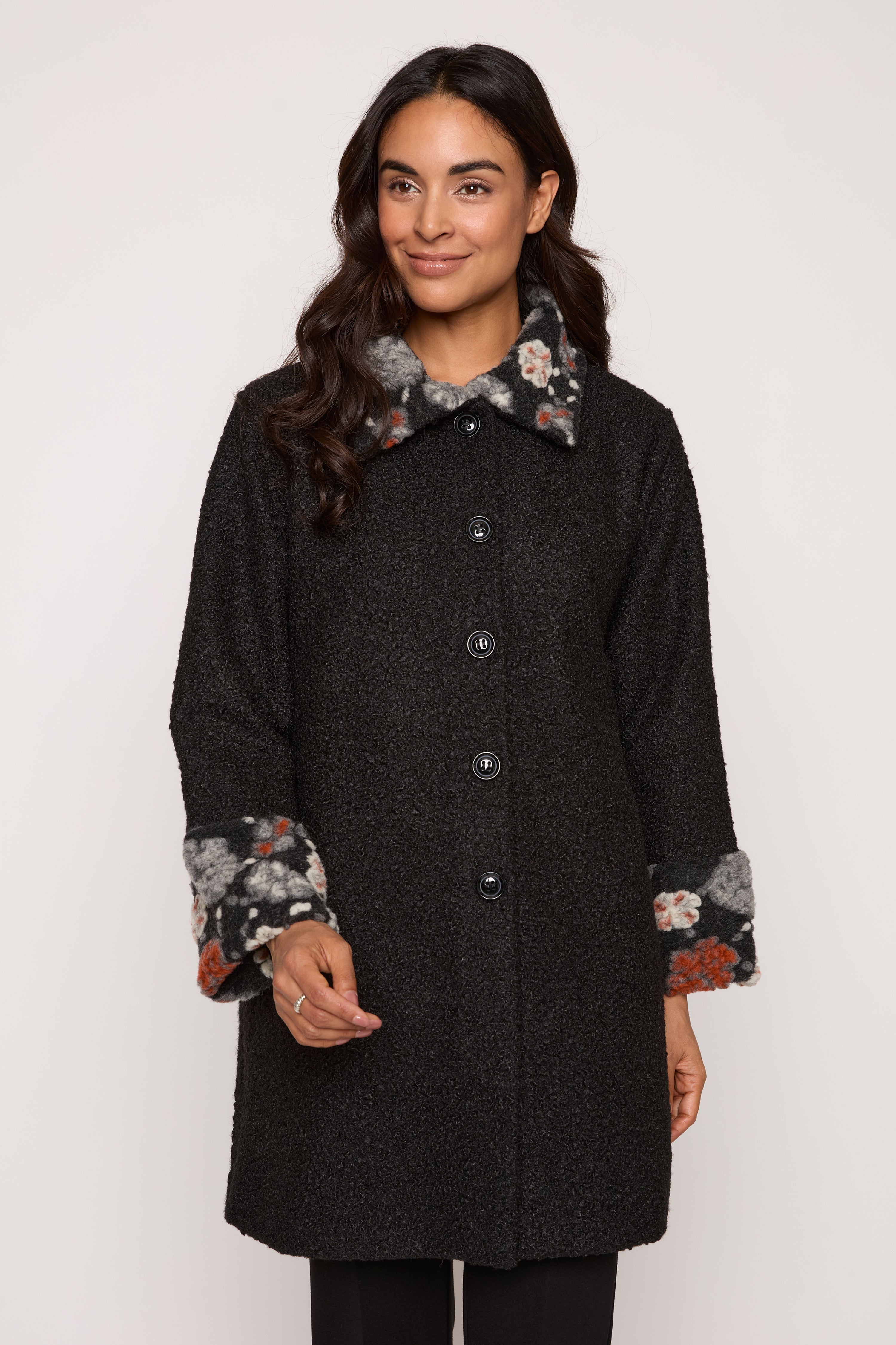 Floral Trim Boucle Coat