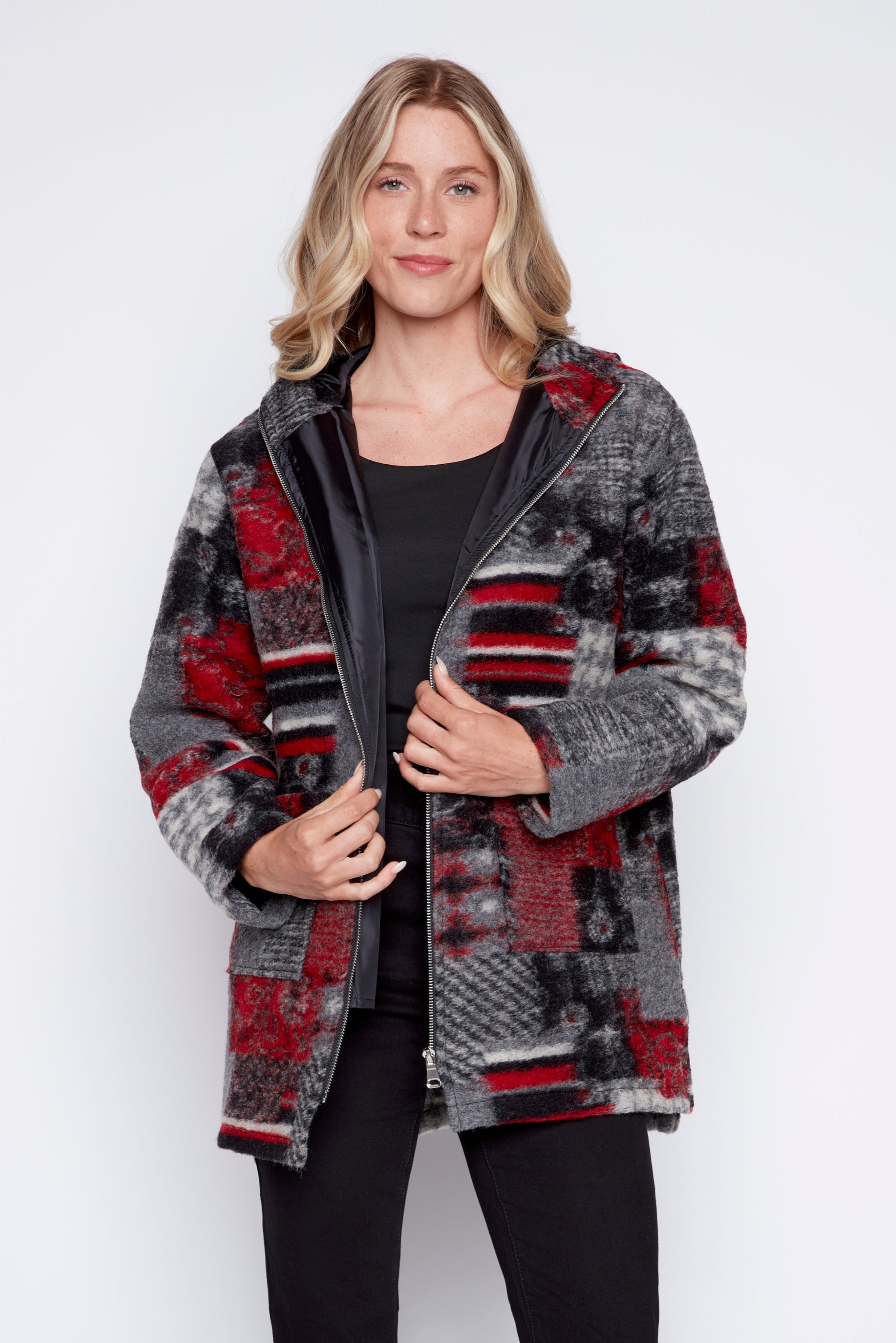 Patch print boiled wool jacket