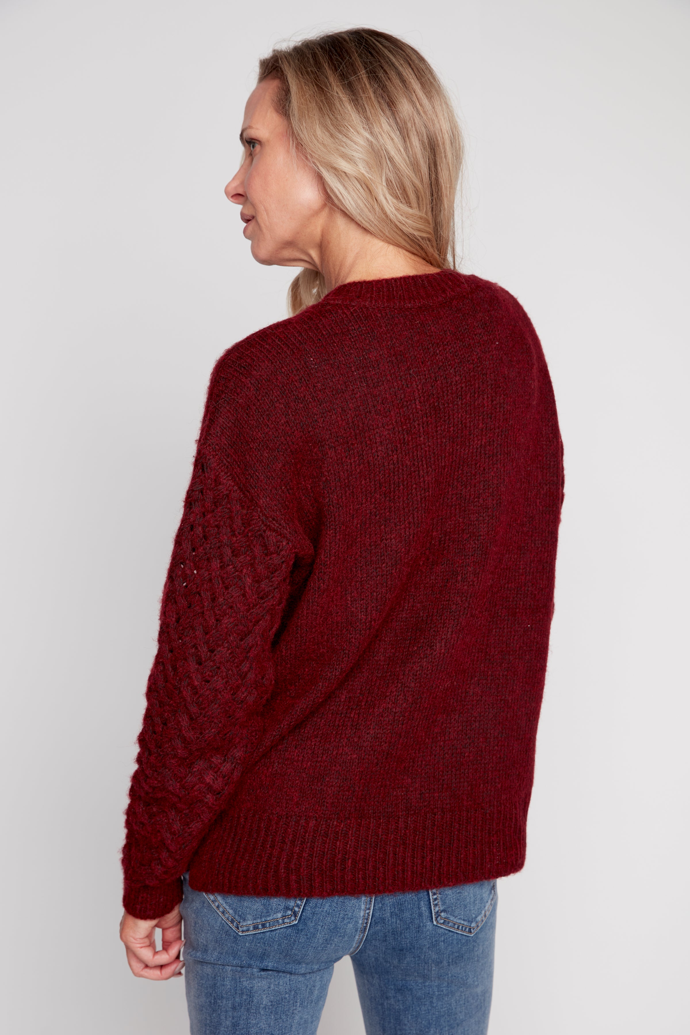 Crochet sleeve solid sweater