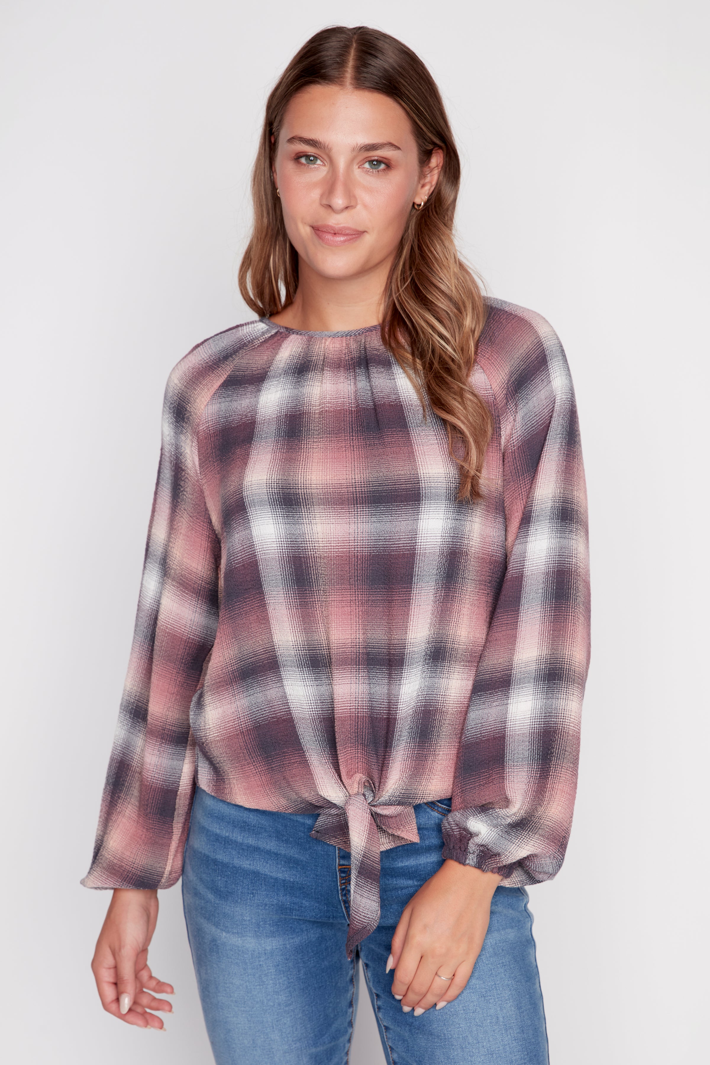 Plaid tie front blouse