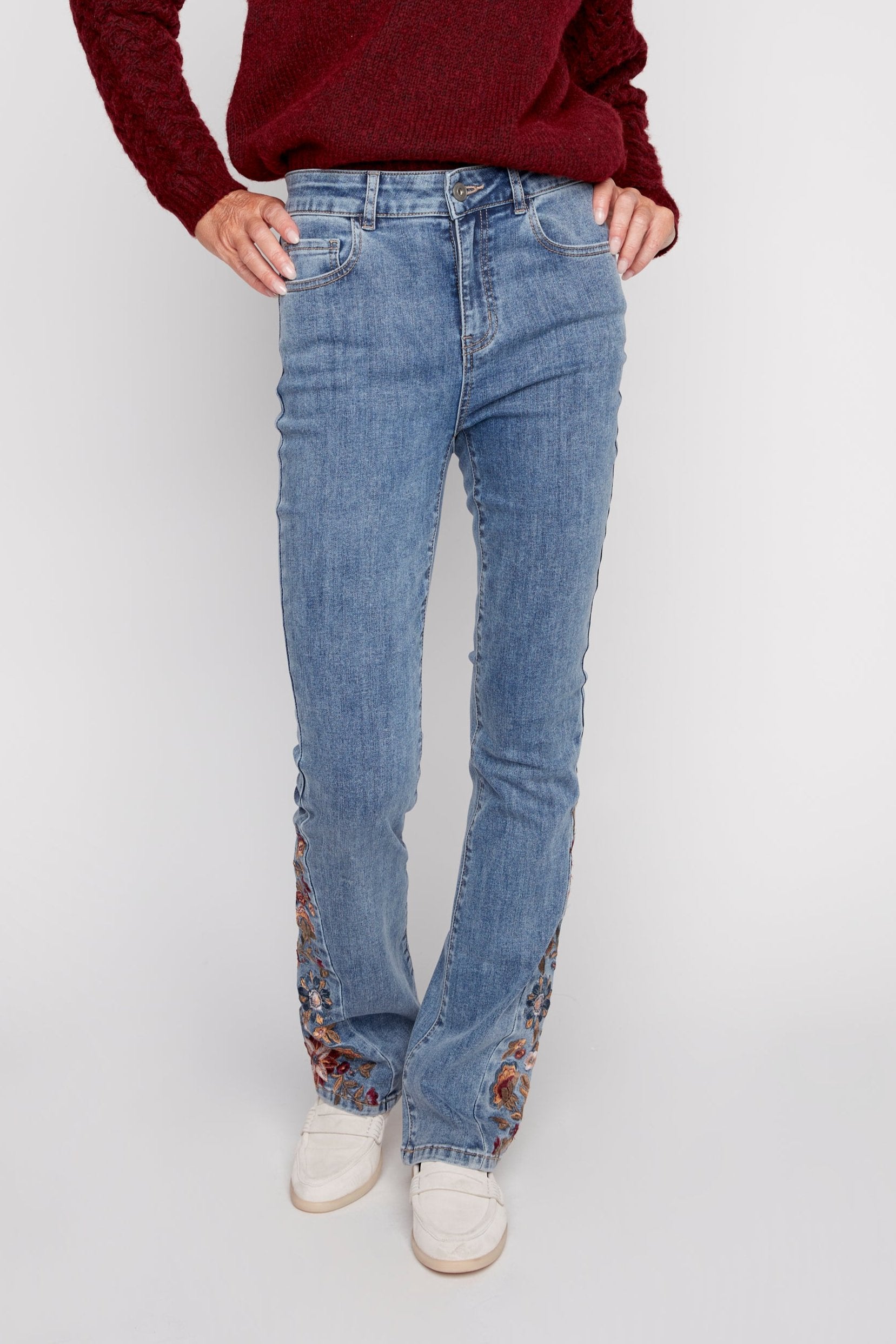 Embroidered leg boot cut jean