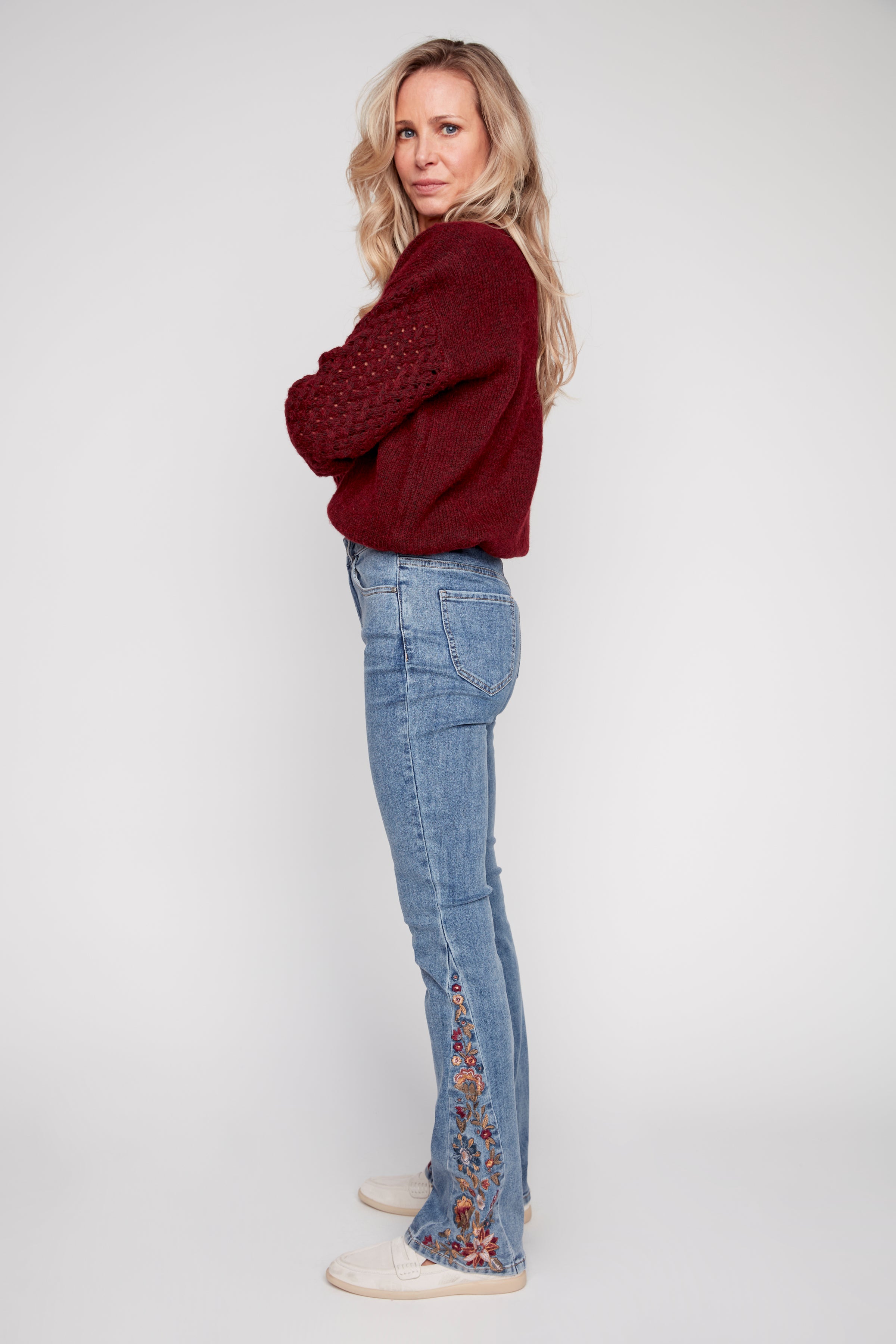 Embroidered leg boot cut jean