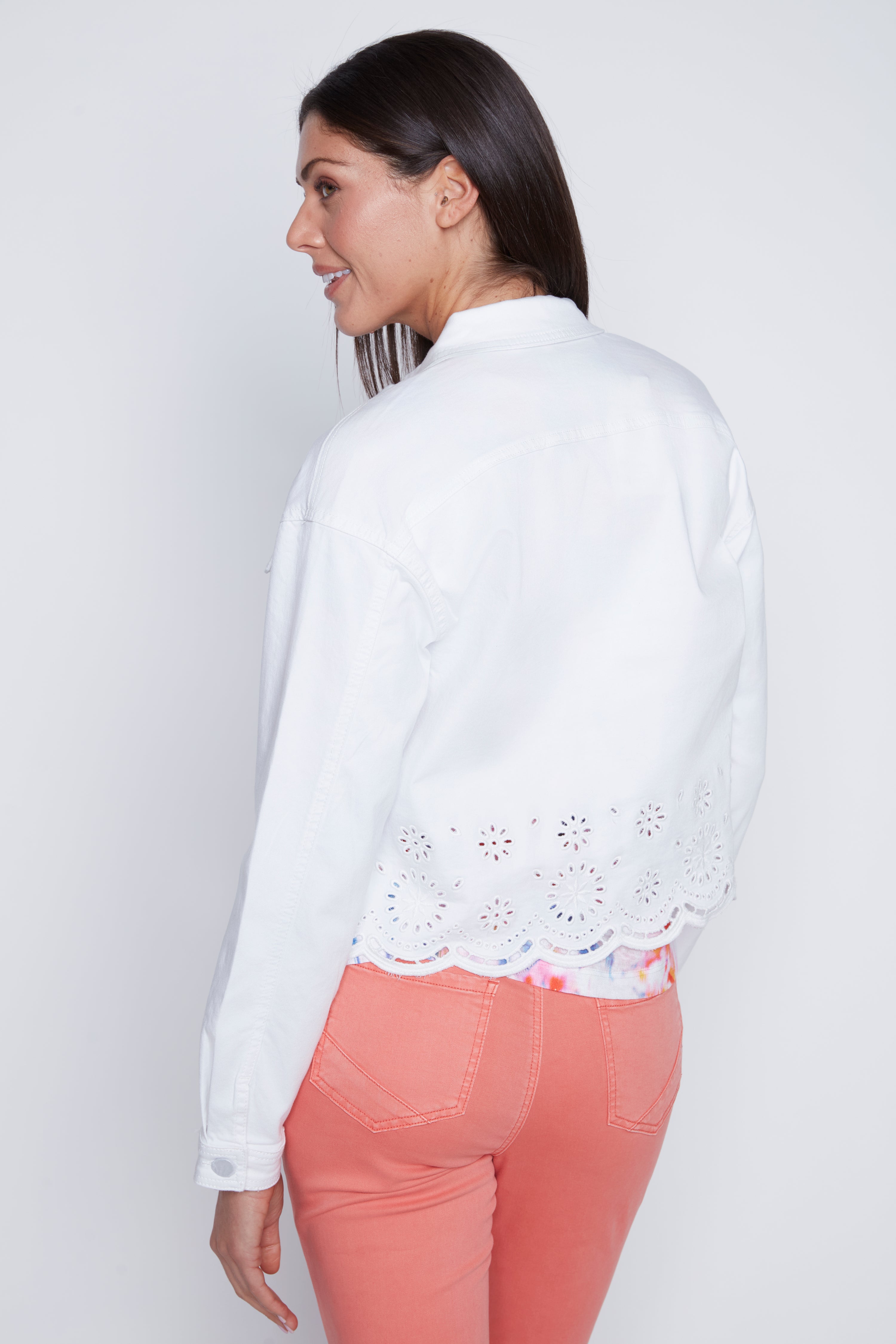 Eyelet embroidery scallop hem jean jacket