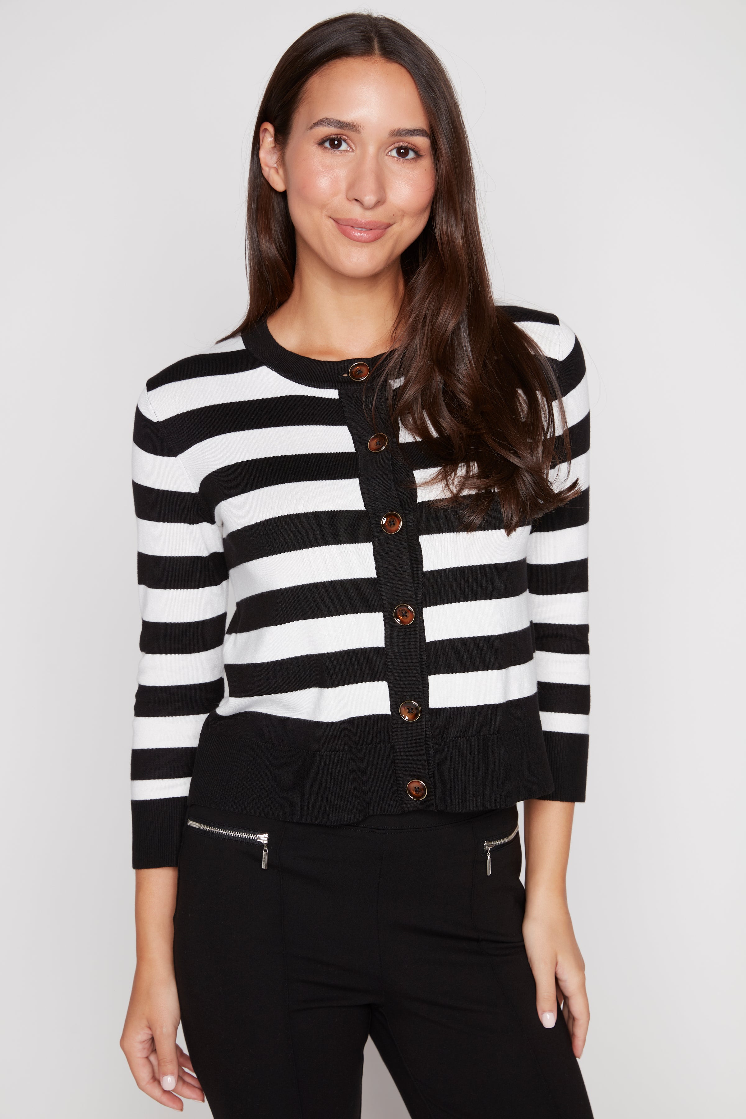 Button front stripe sweater cardigan