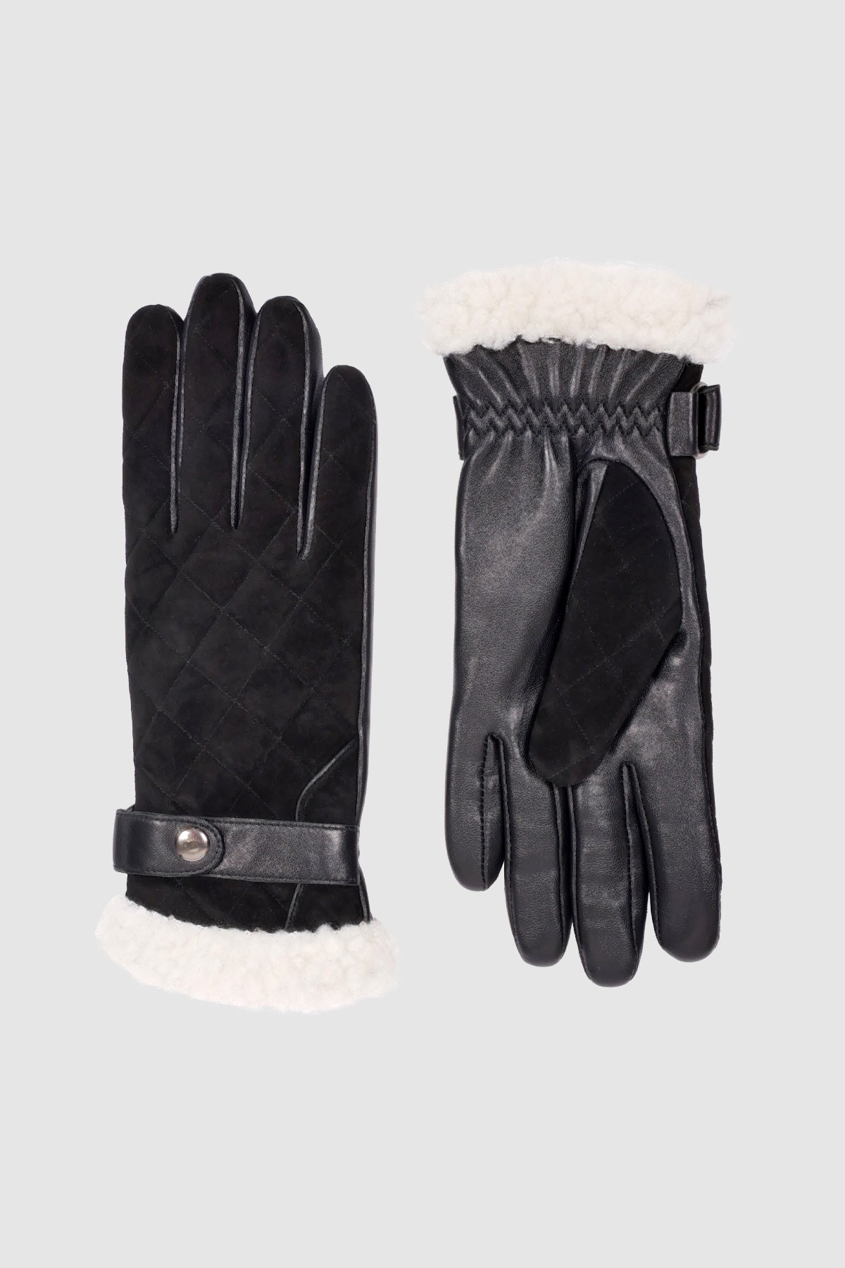Lamb suede quilted gloves with snap detail