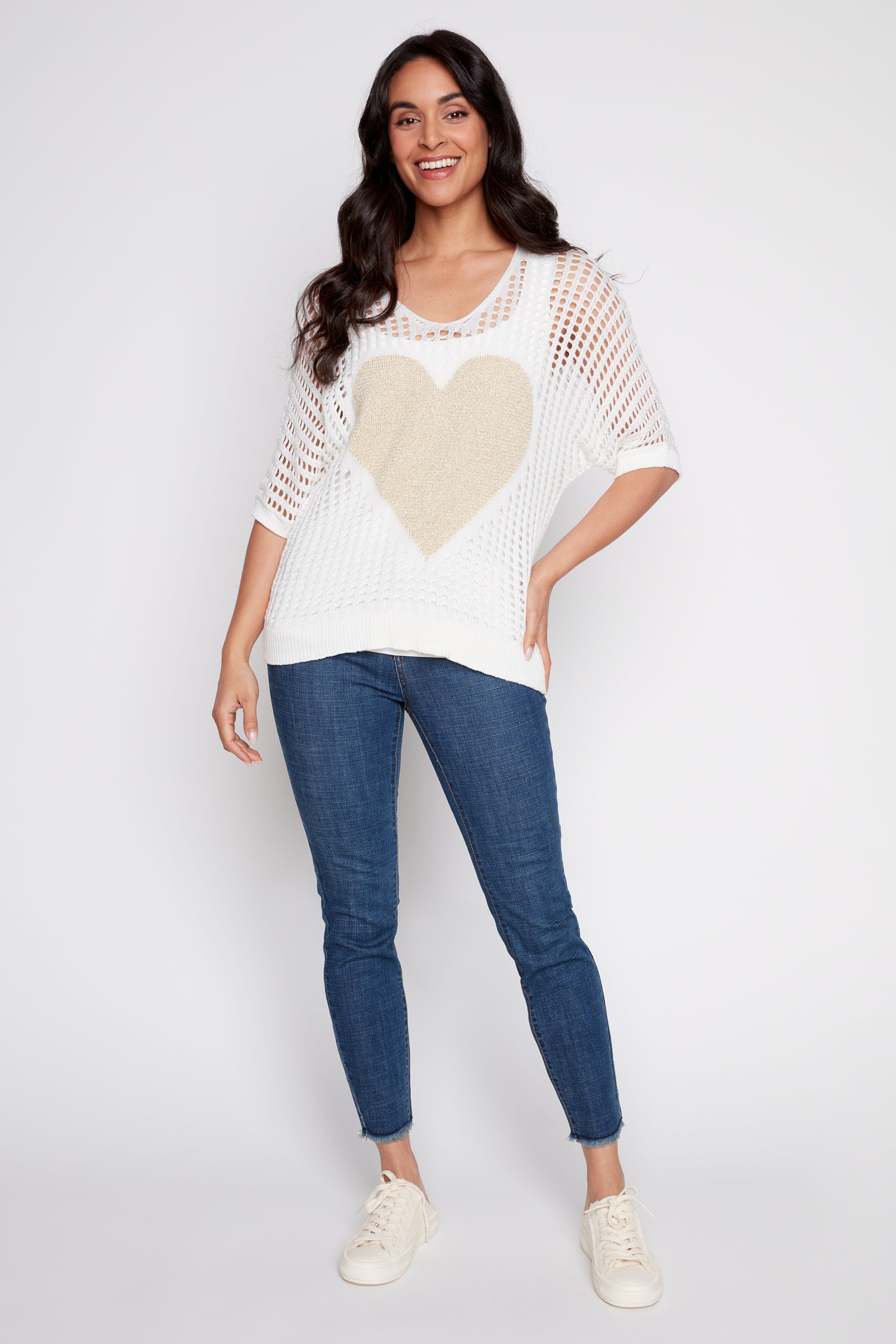 Lurex heart fishnet sweater