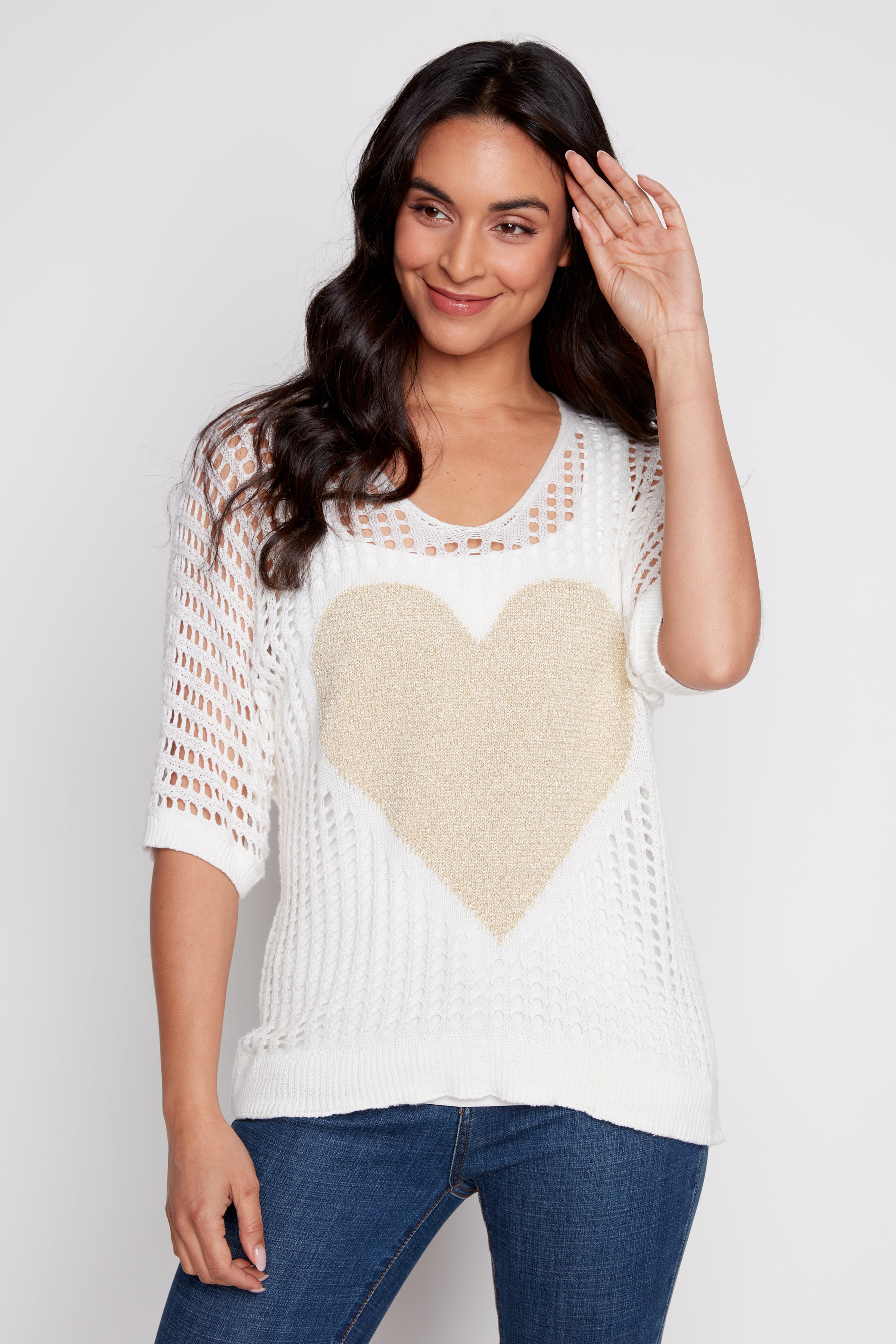 Lurex heart fishnet sweater