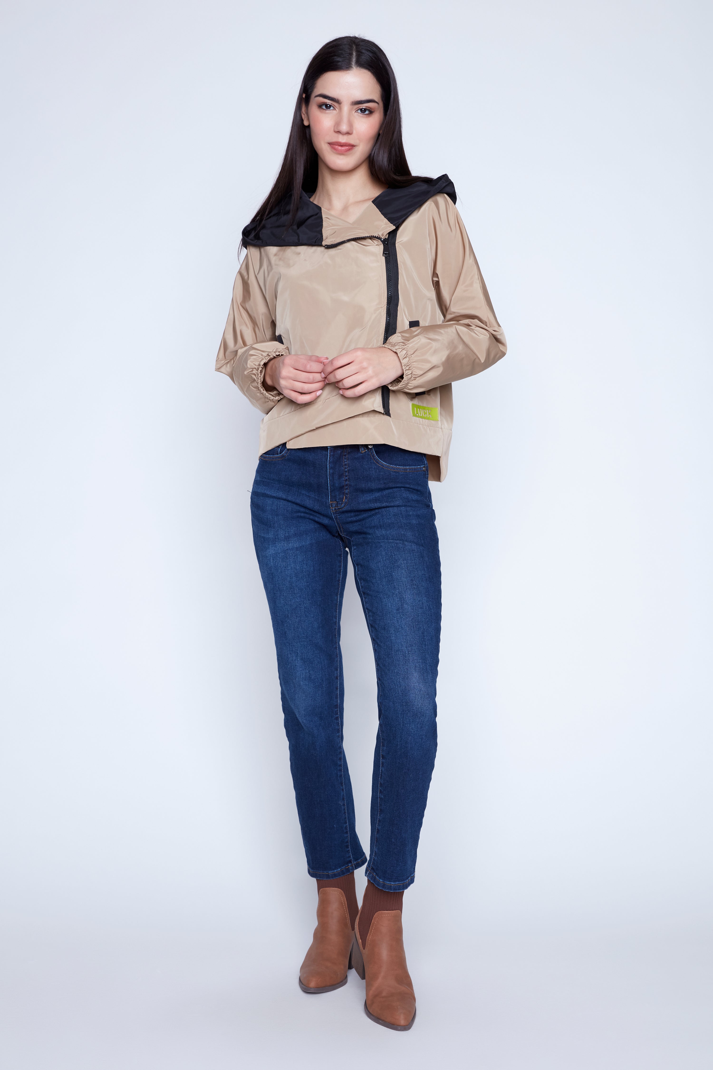 Off center zipper raincoat