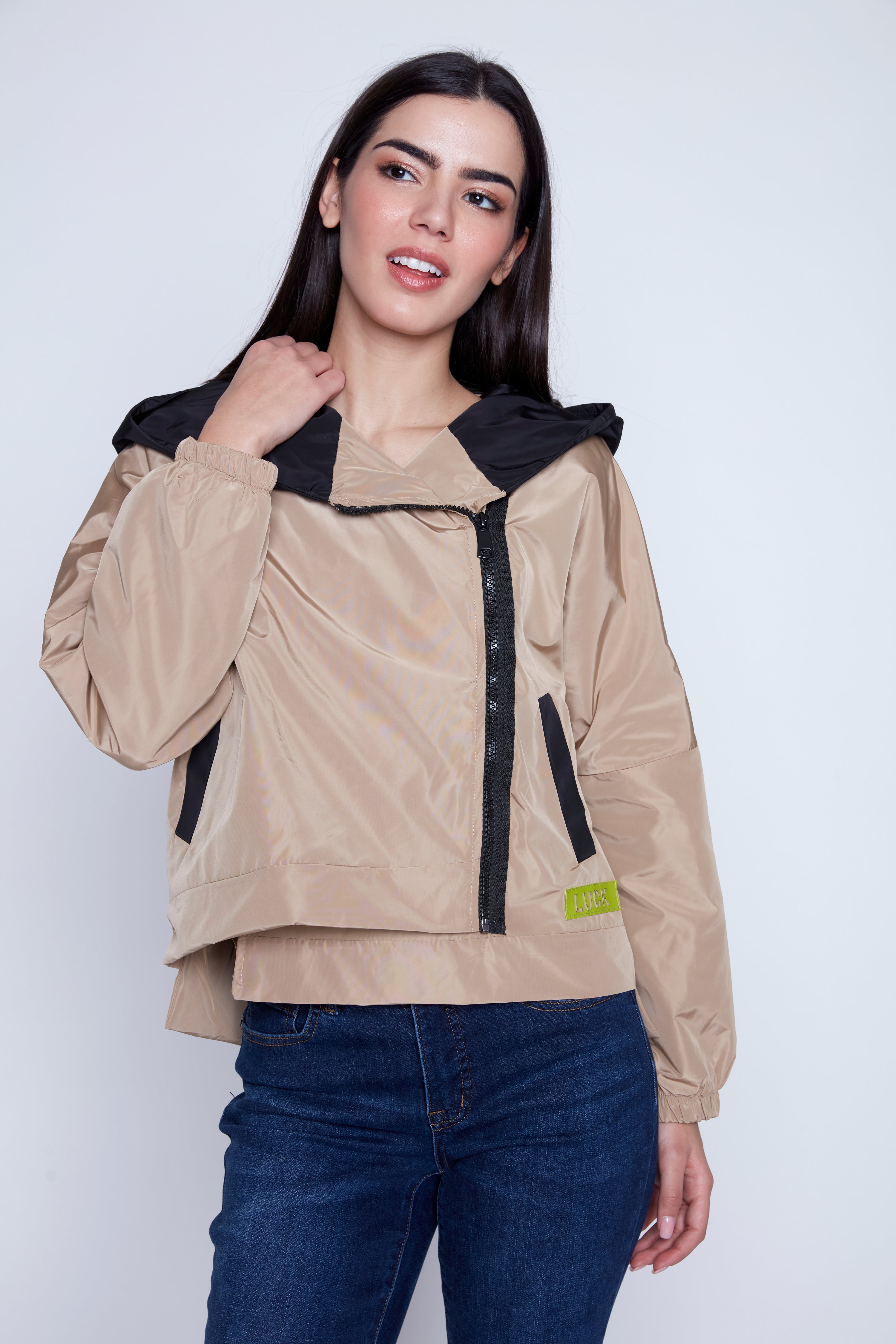 Off center zipper raincoat