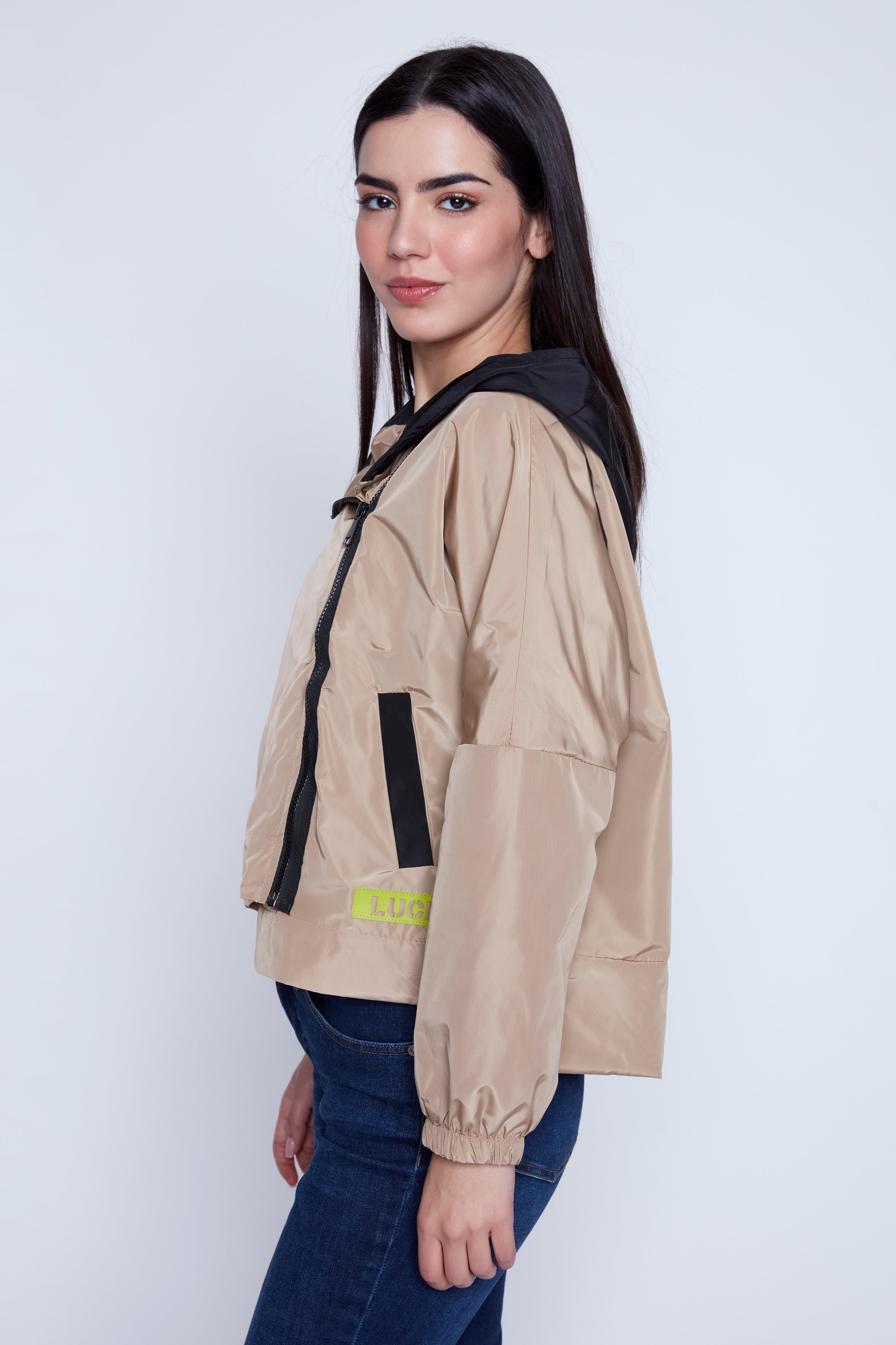 Off center zipper raincoat