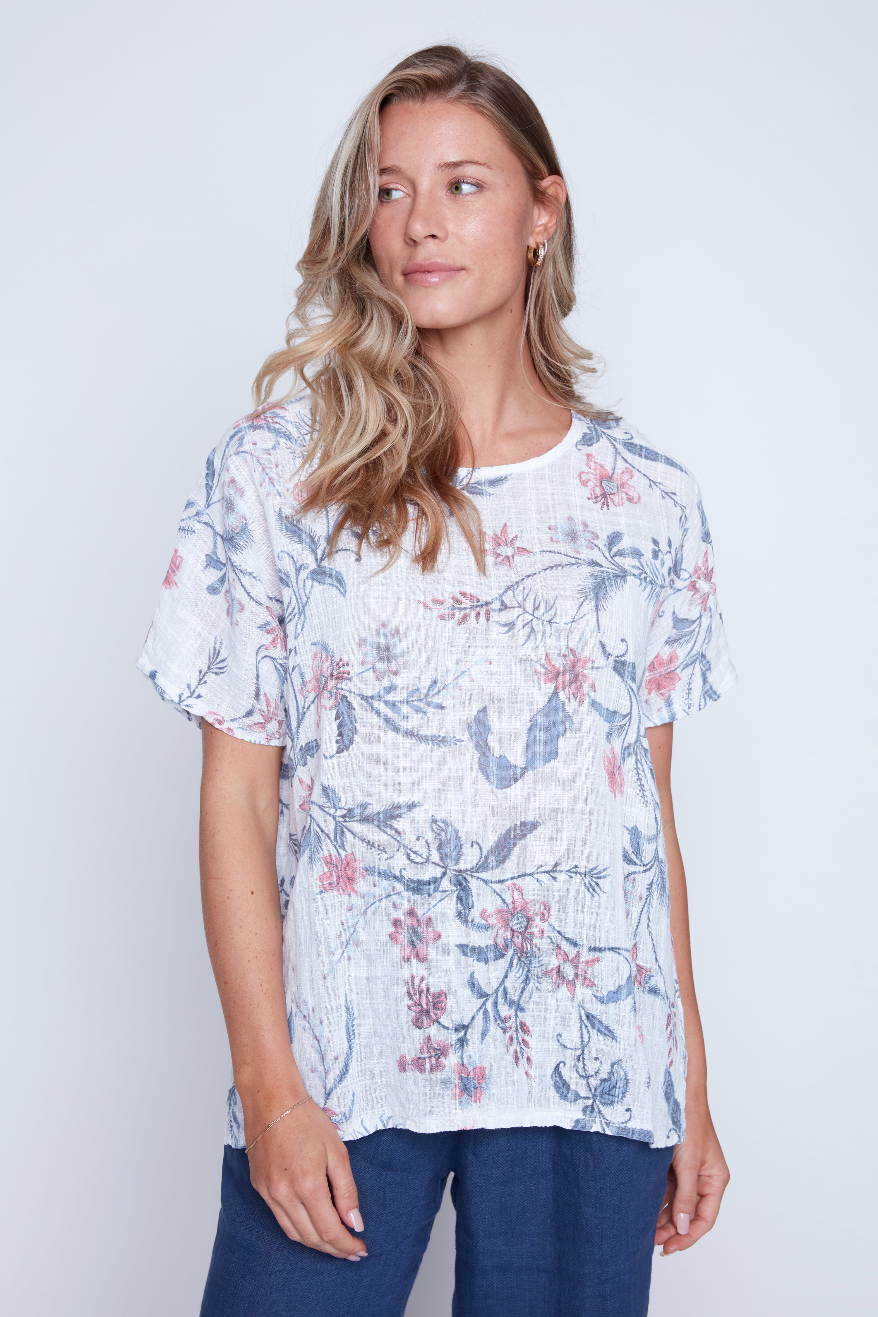 Floral print cotton gauze top