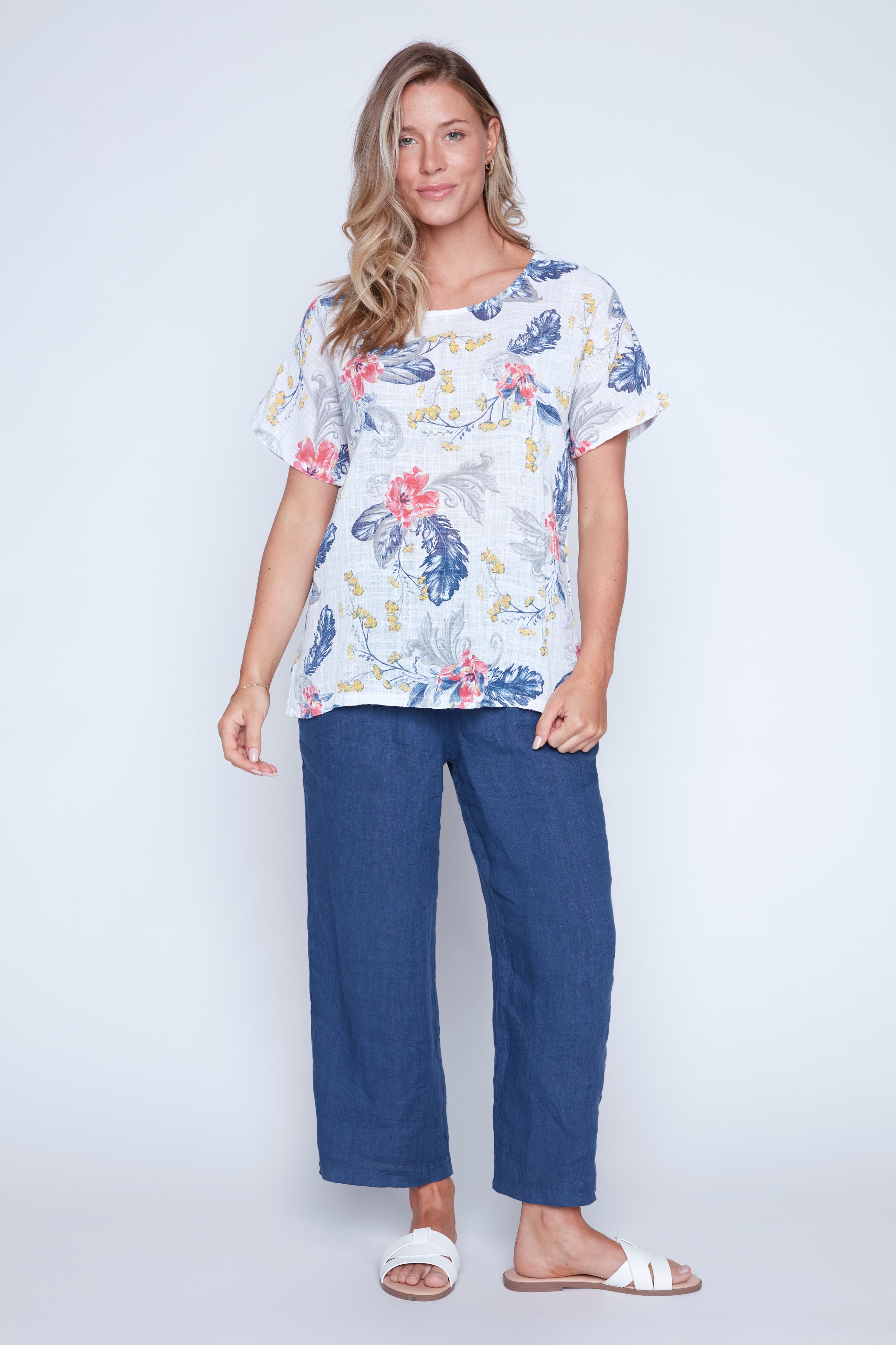 Feather floral print cotton gauze top