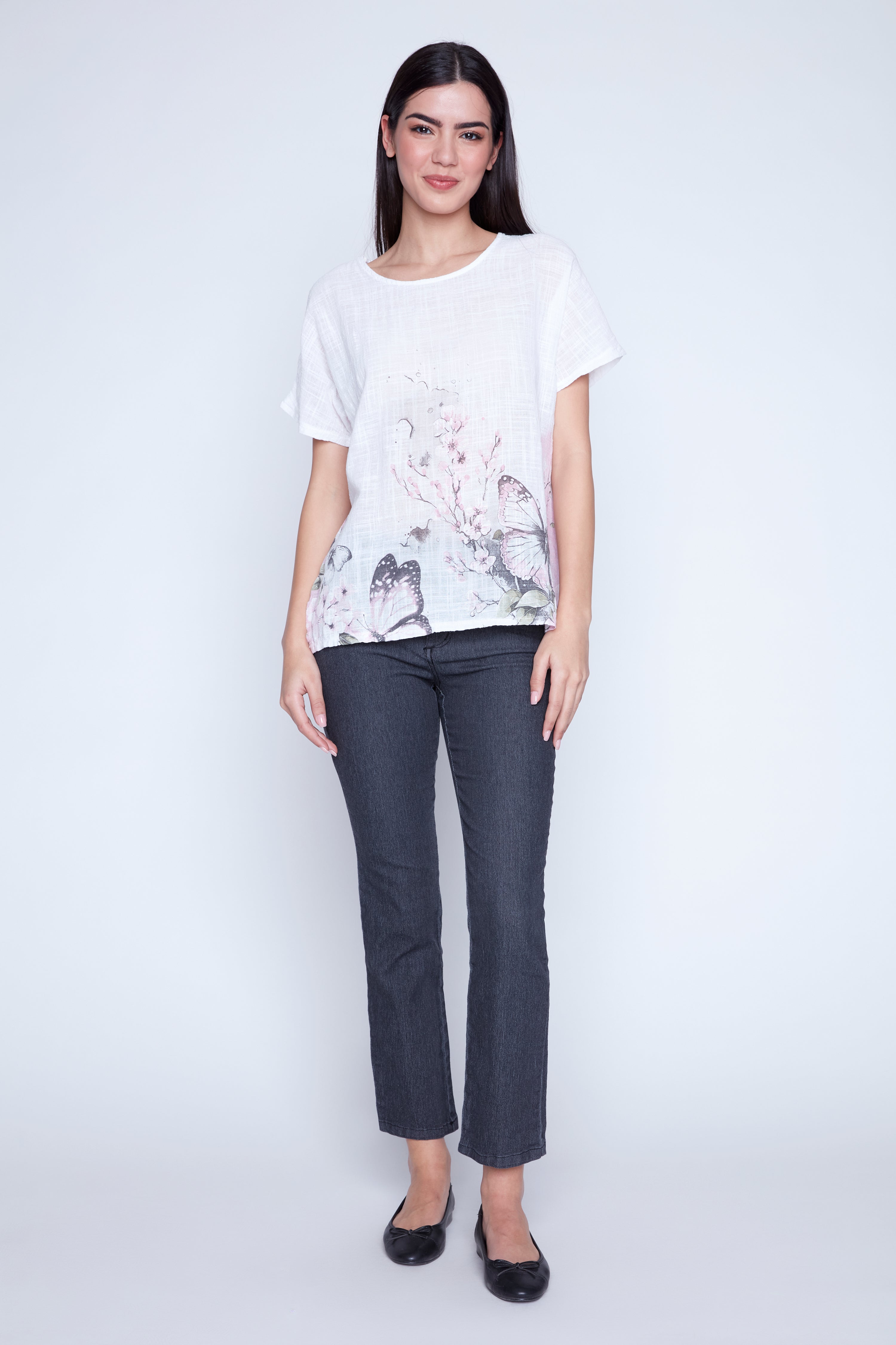 Butterfly print cotton gauze top