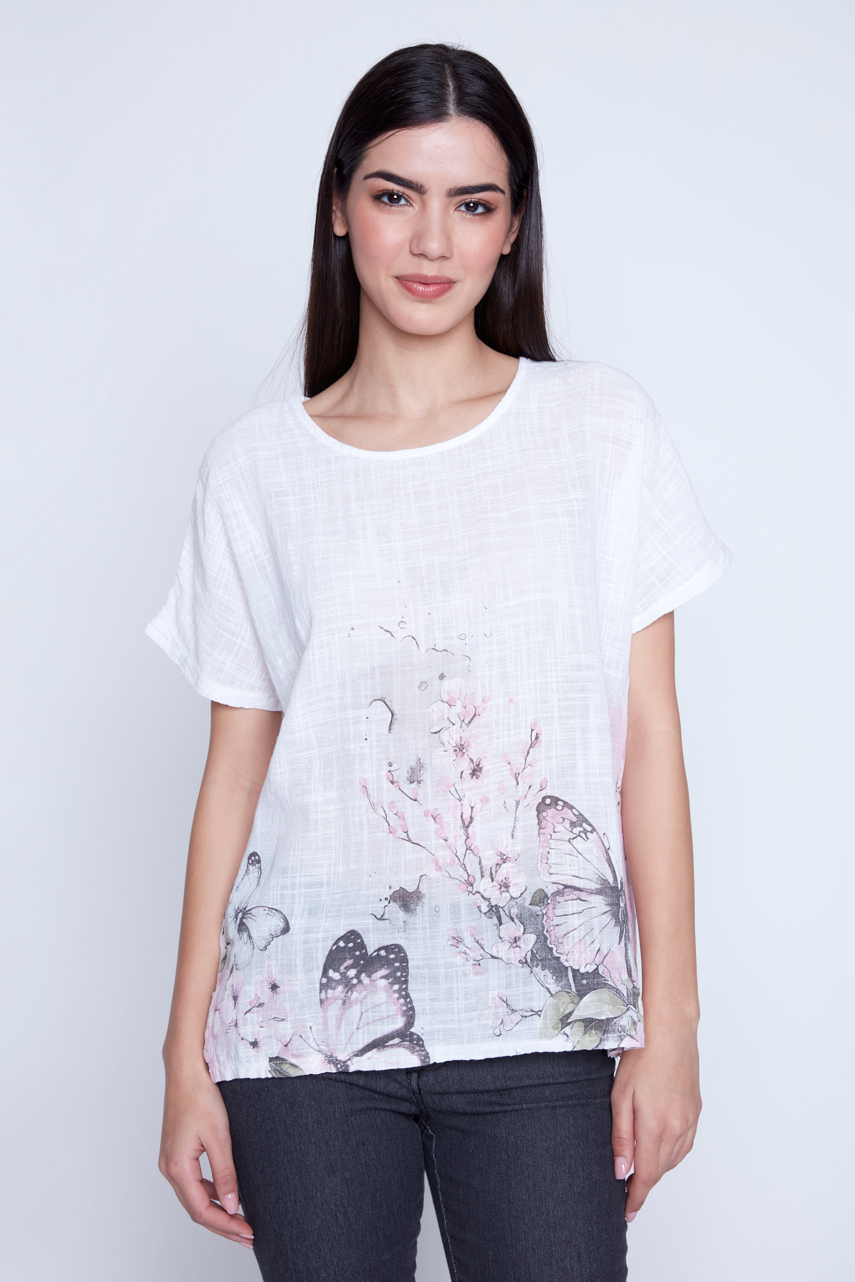 Butterfly print cotton gauze top