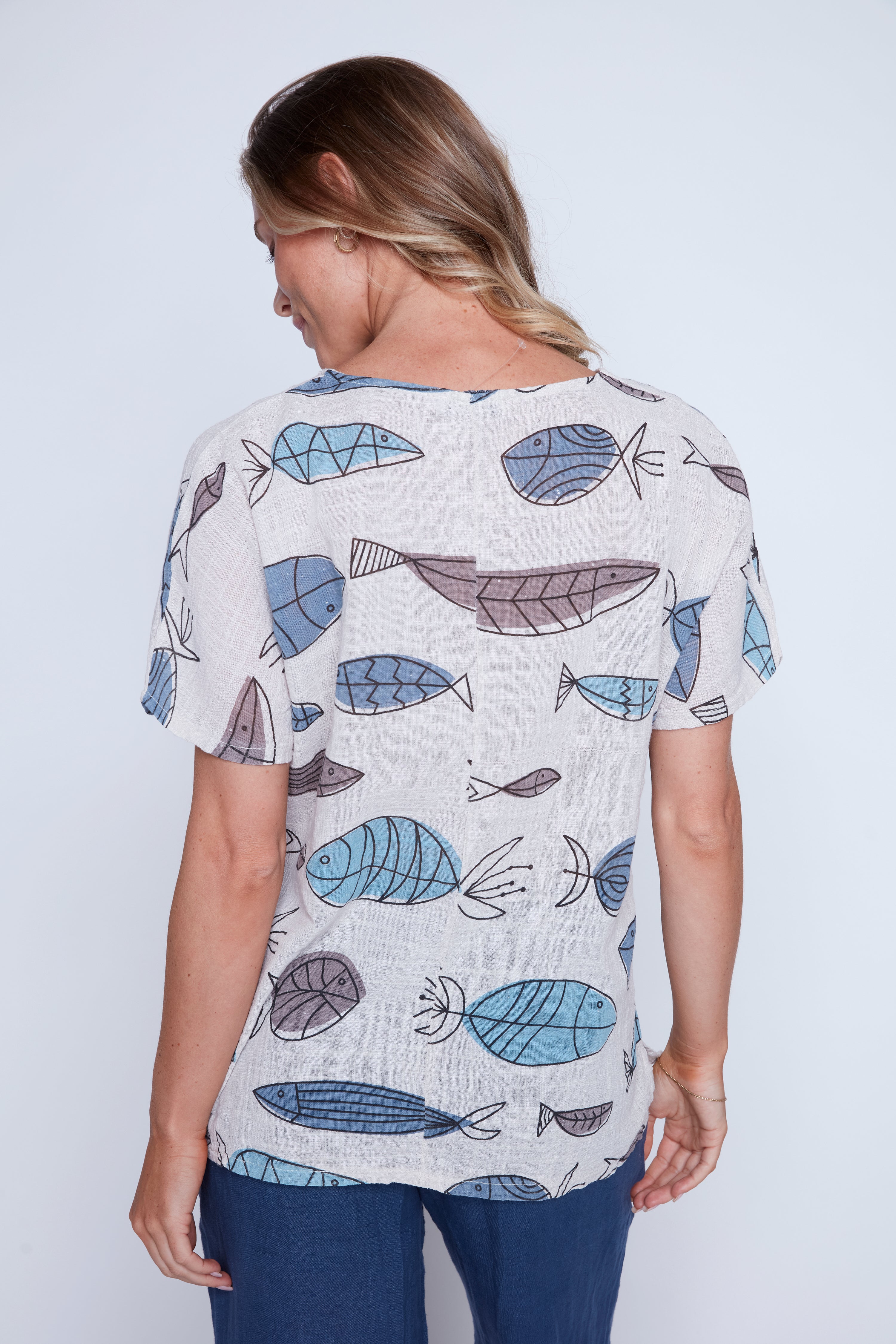 Fish print cotton gauze top