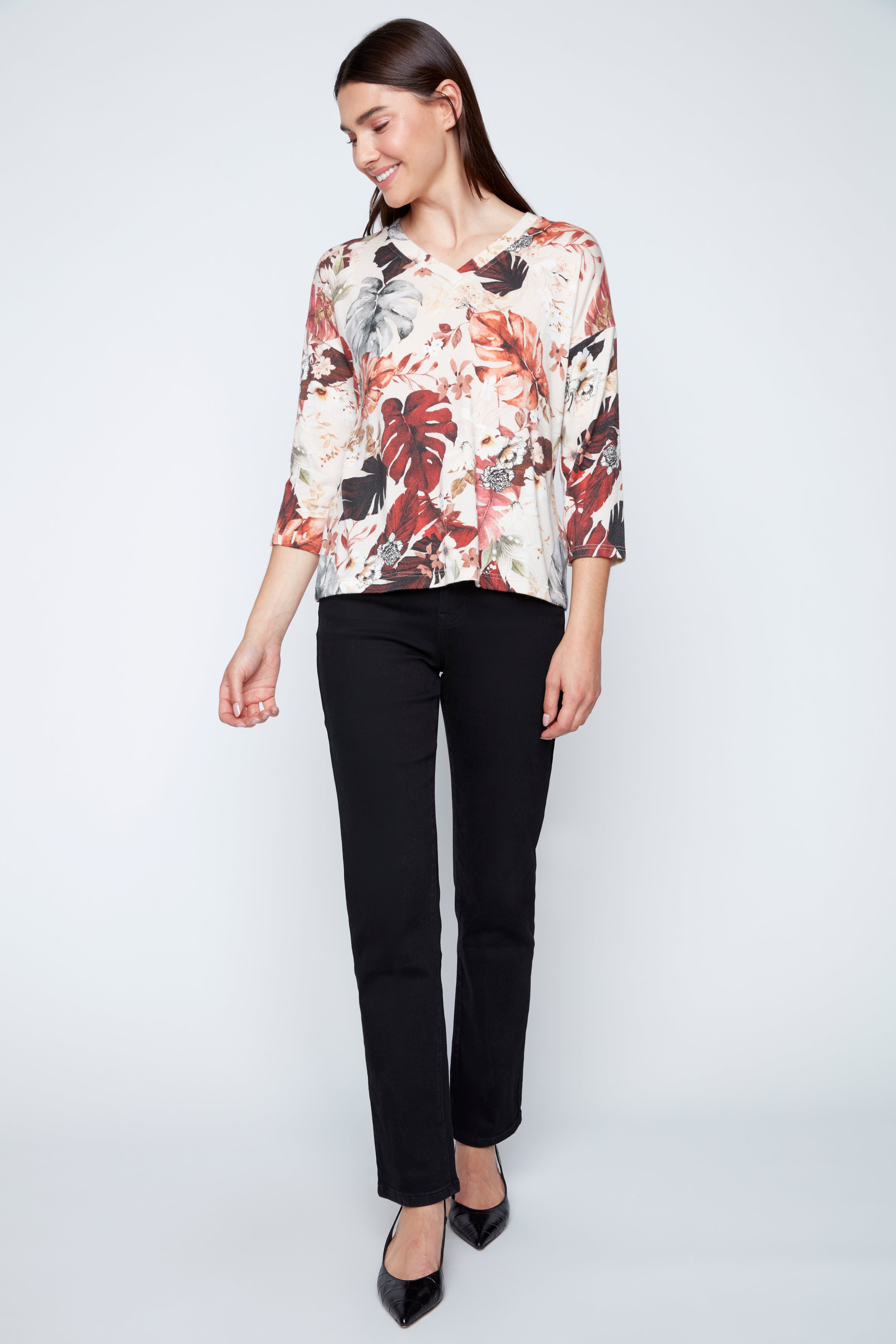 Leaf print knit top