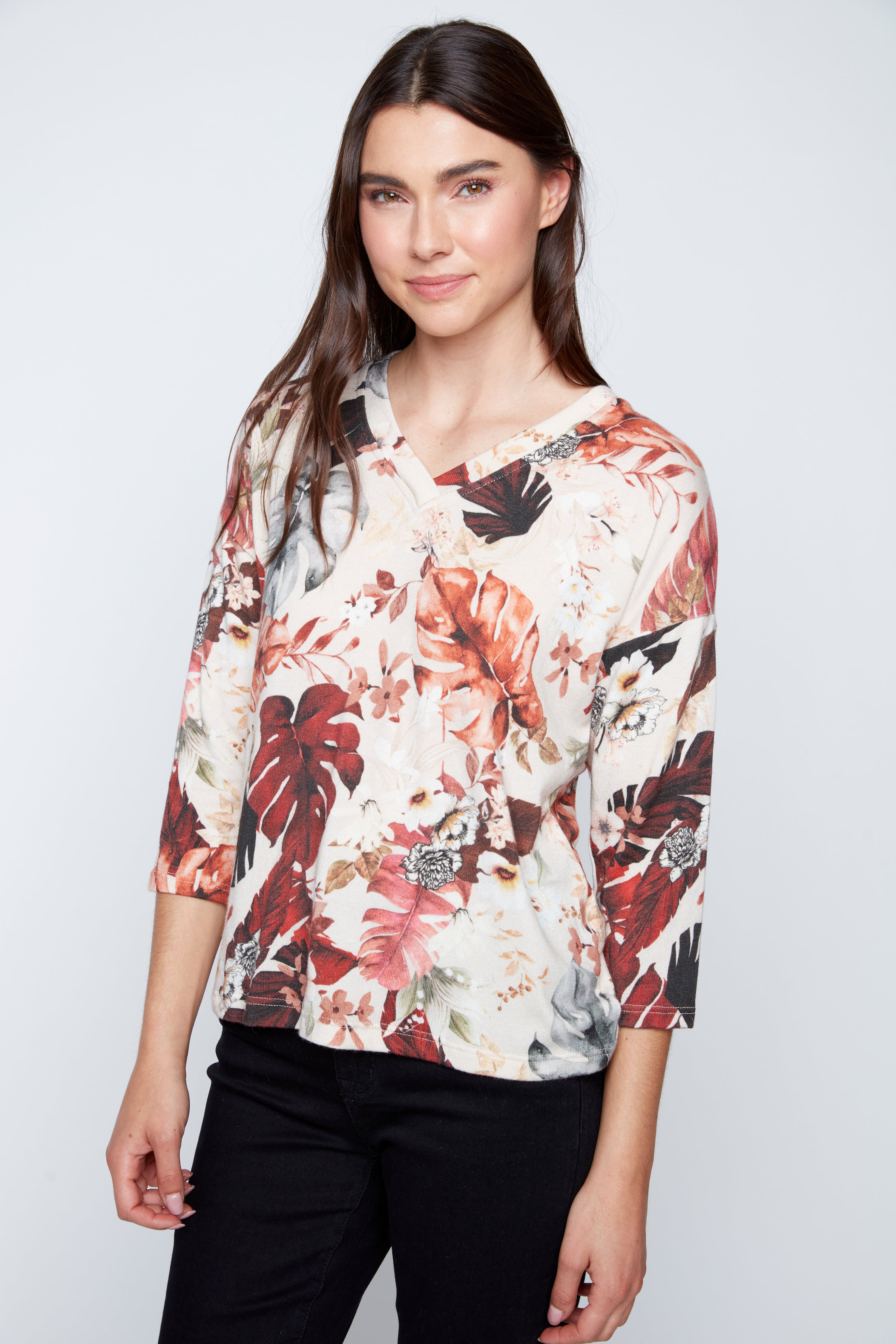 Leaf print knit top