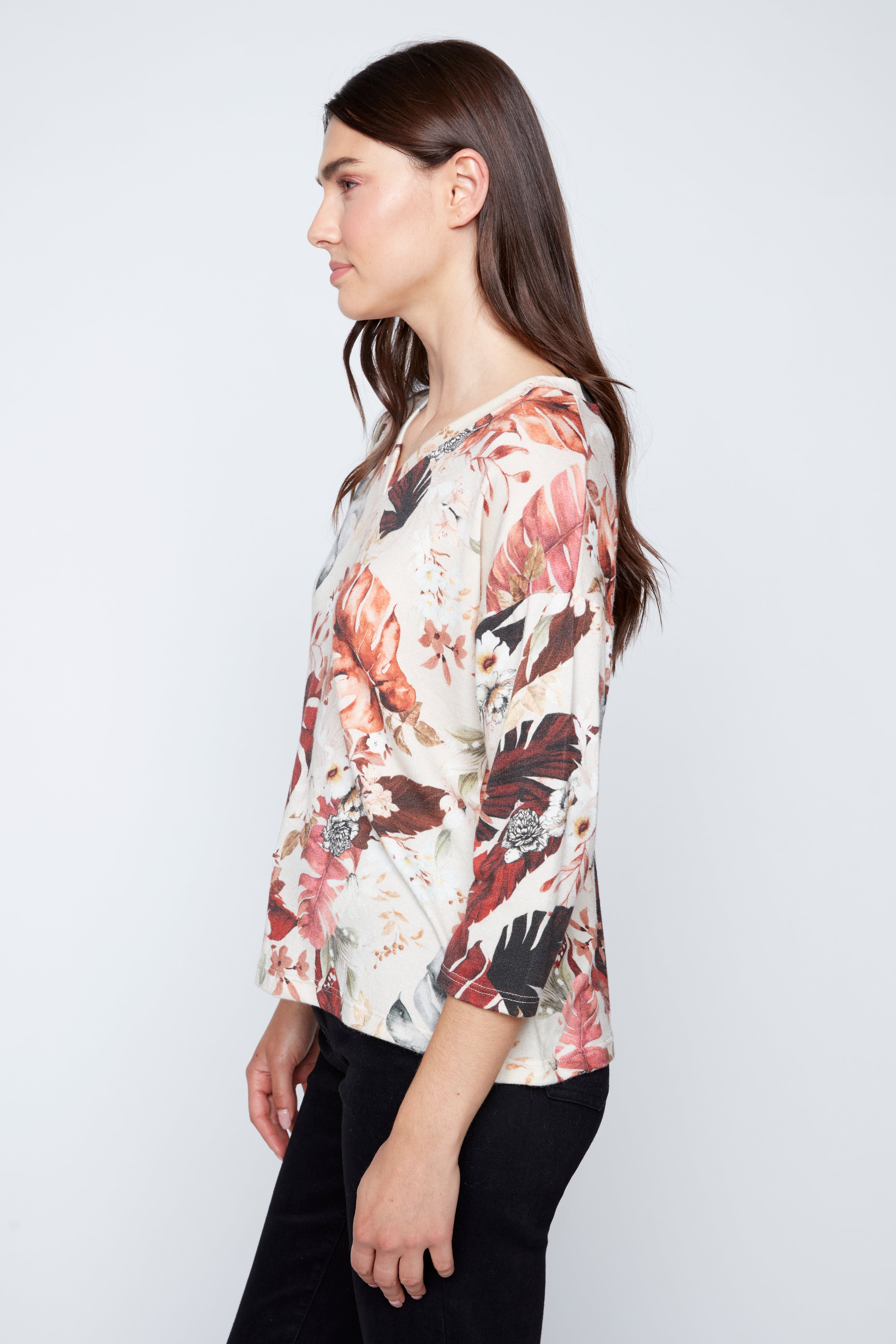 Leaf print knit top