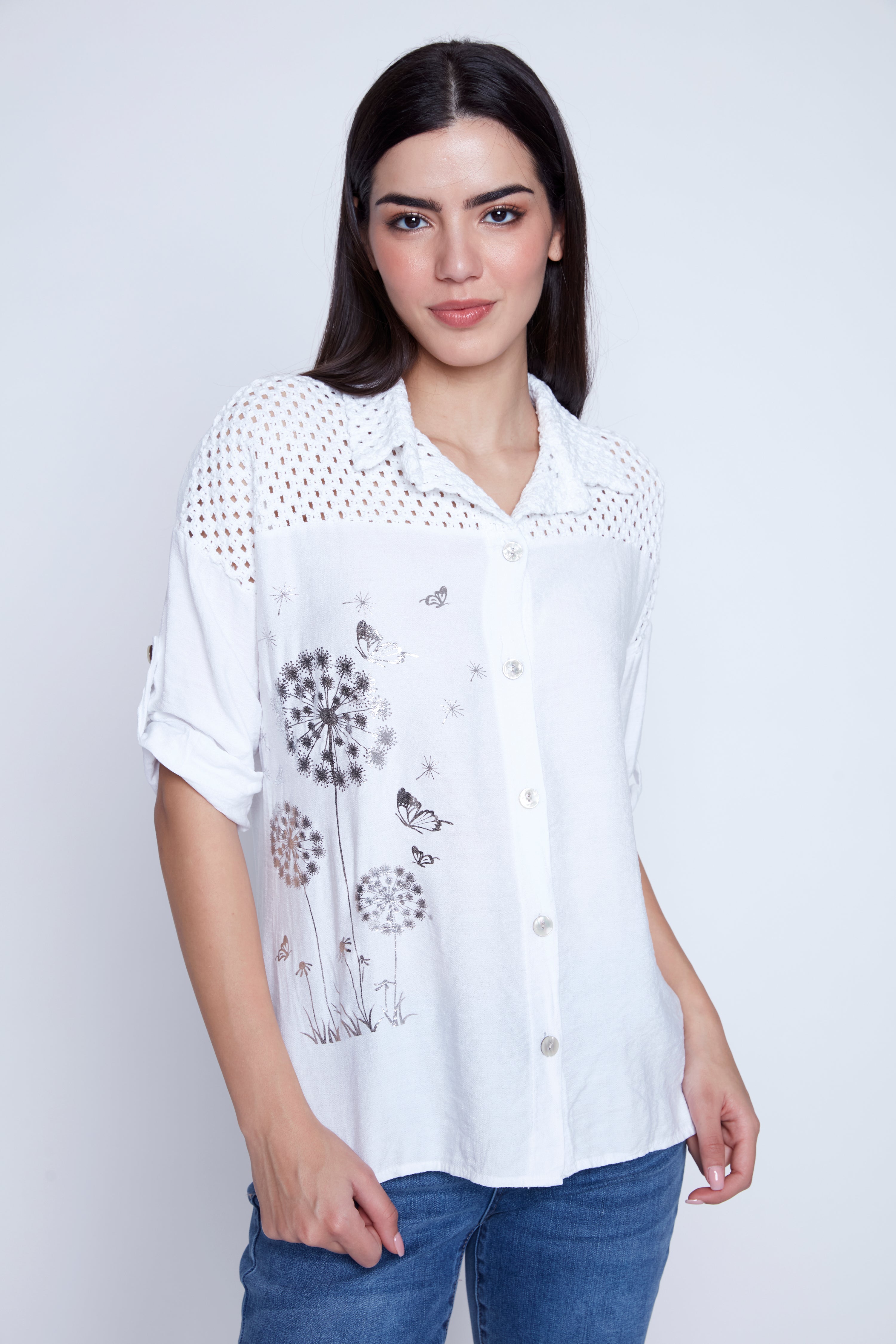 Air flow blouse with crochet trim