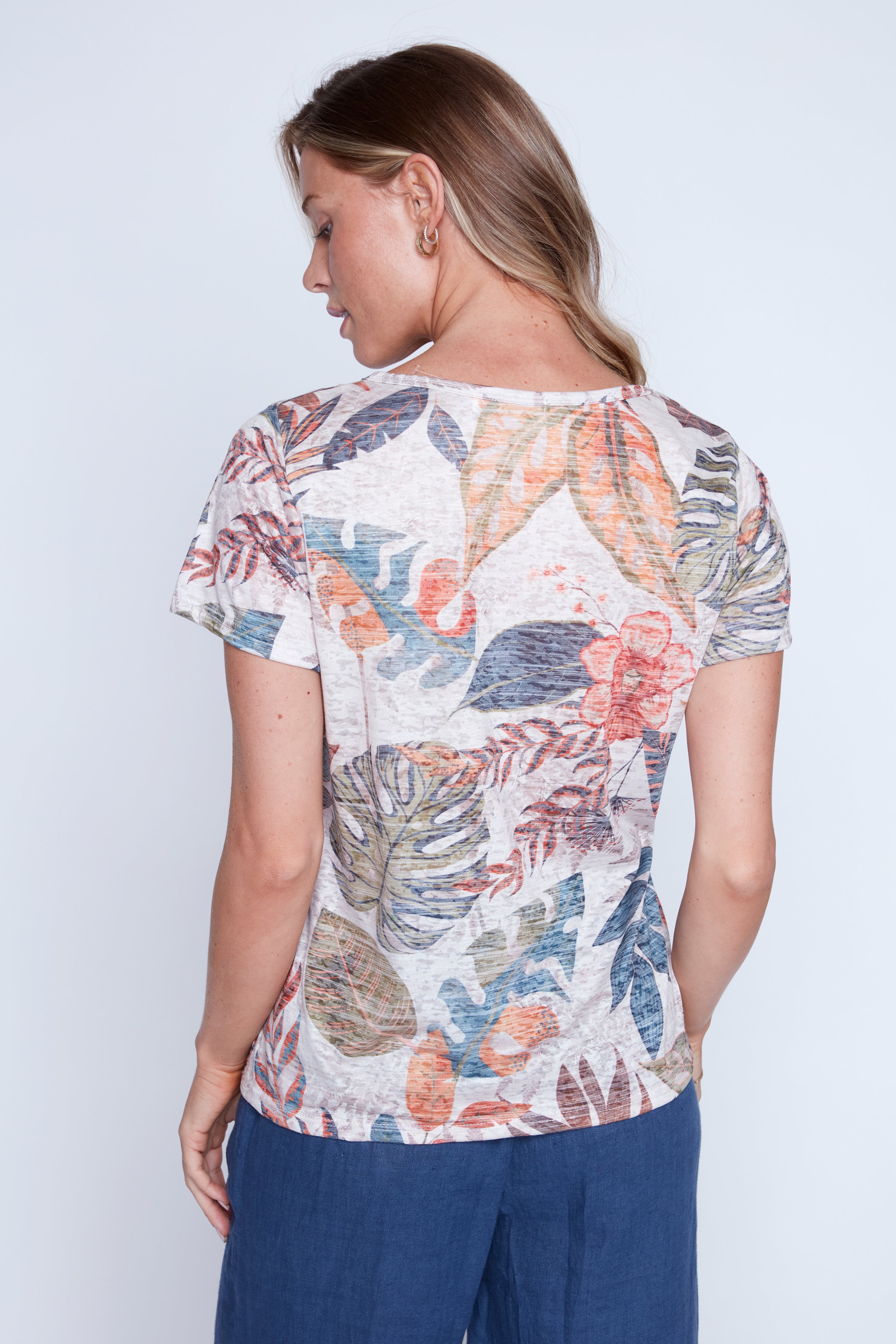 Tropical print burn out t-shirt