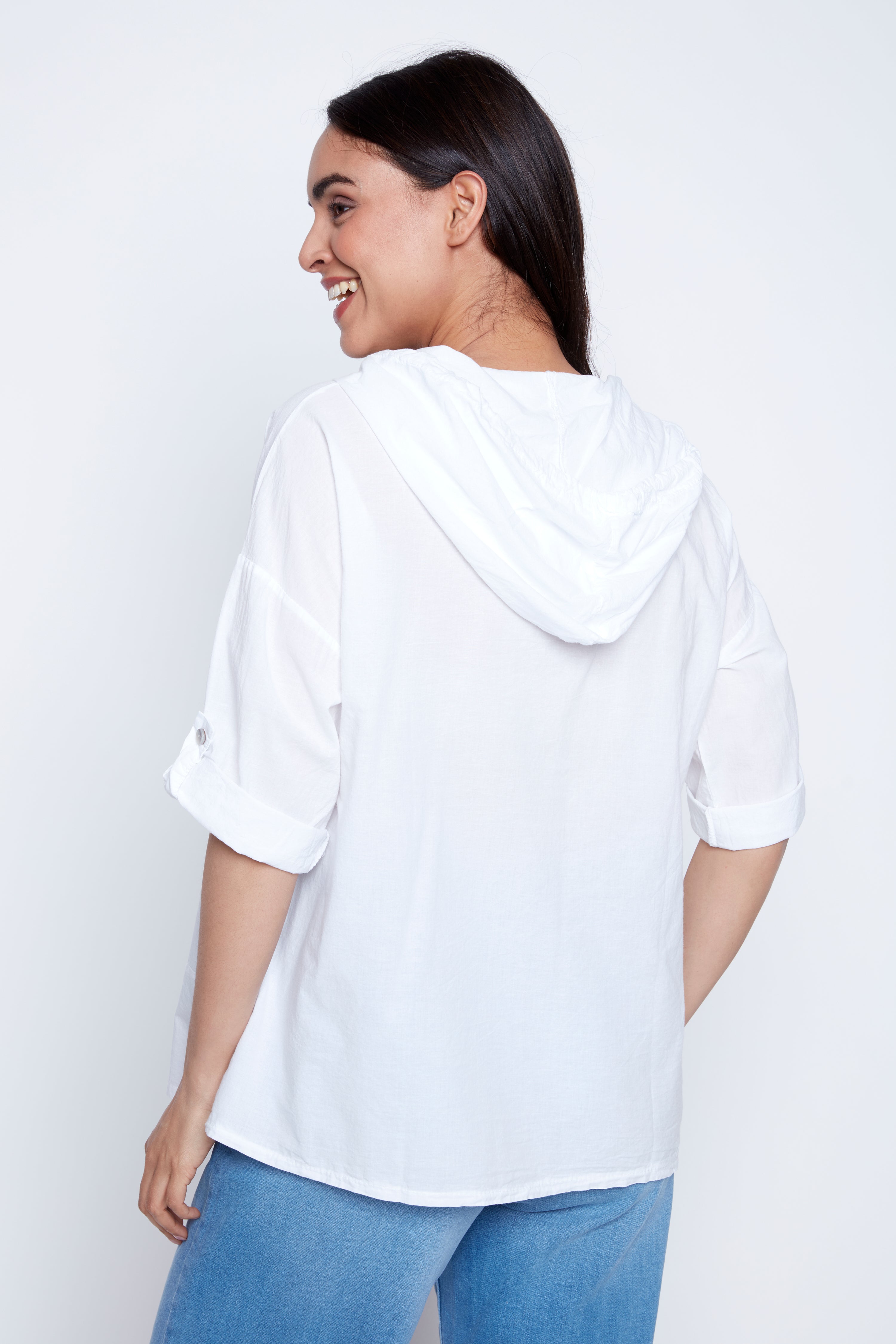 Embroidered cotton blouse with hood