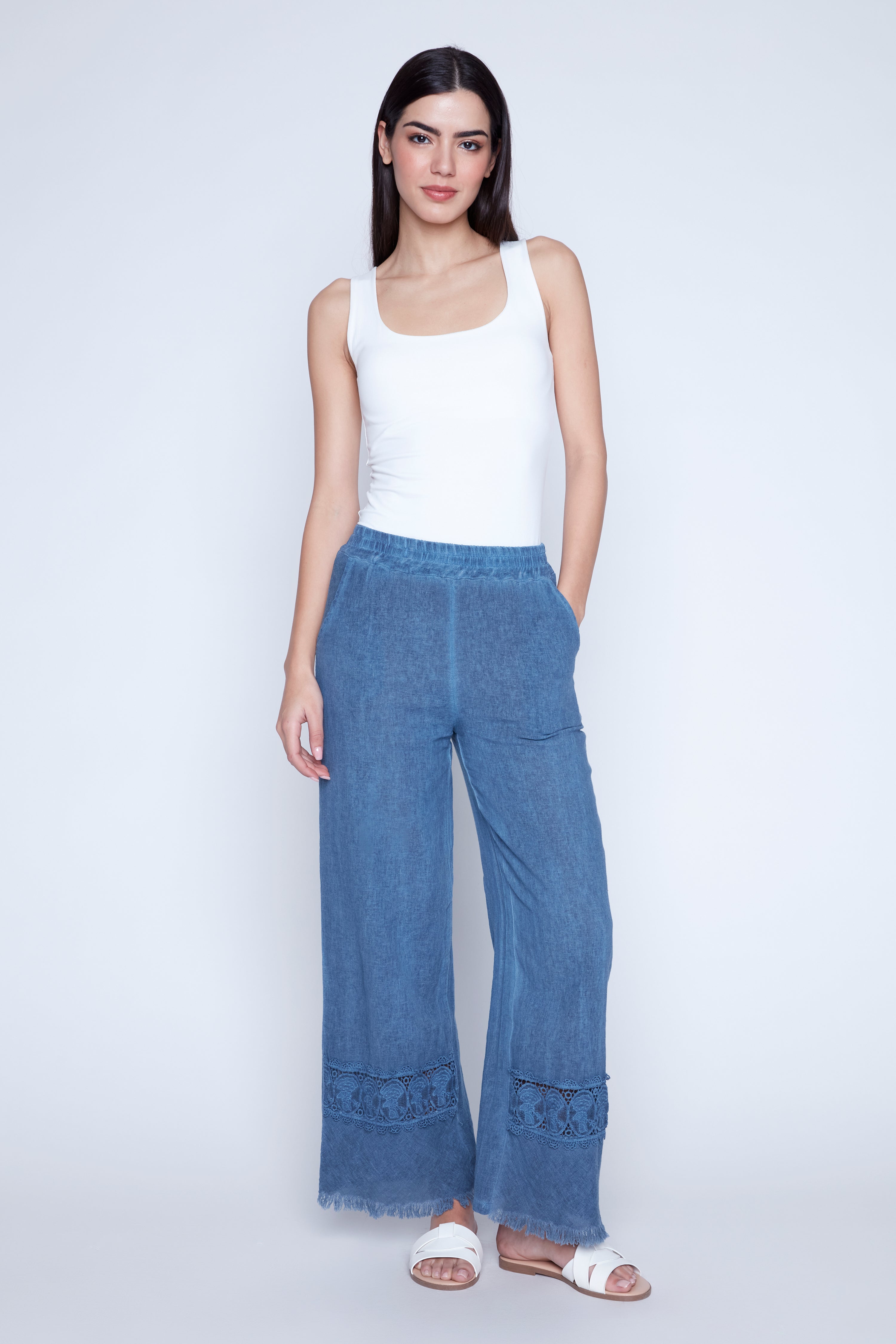 Lace trim wide leg pant