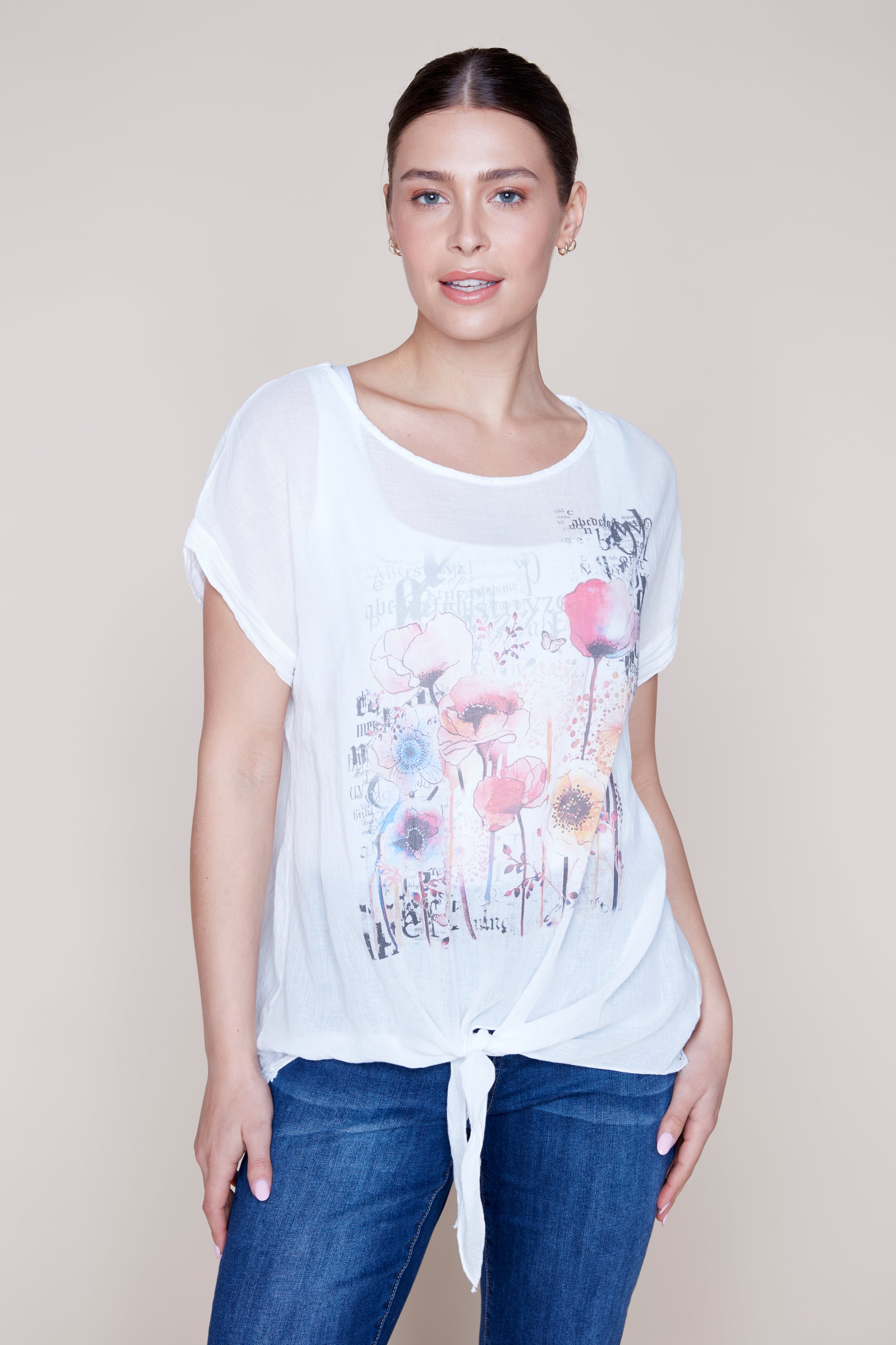 Cotton knot front floral print top