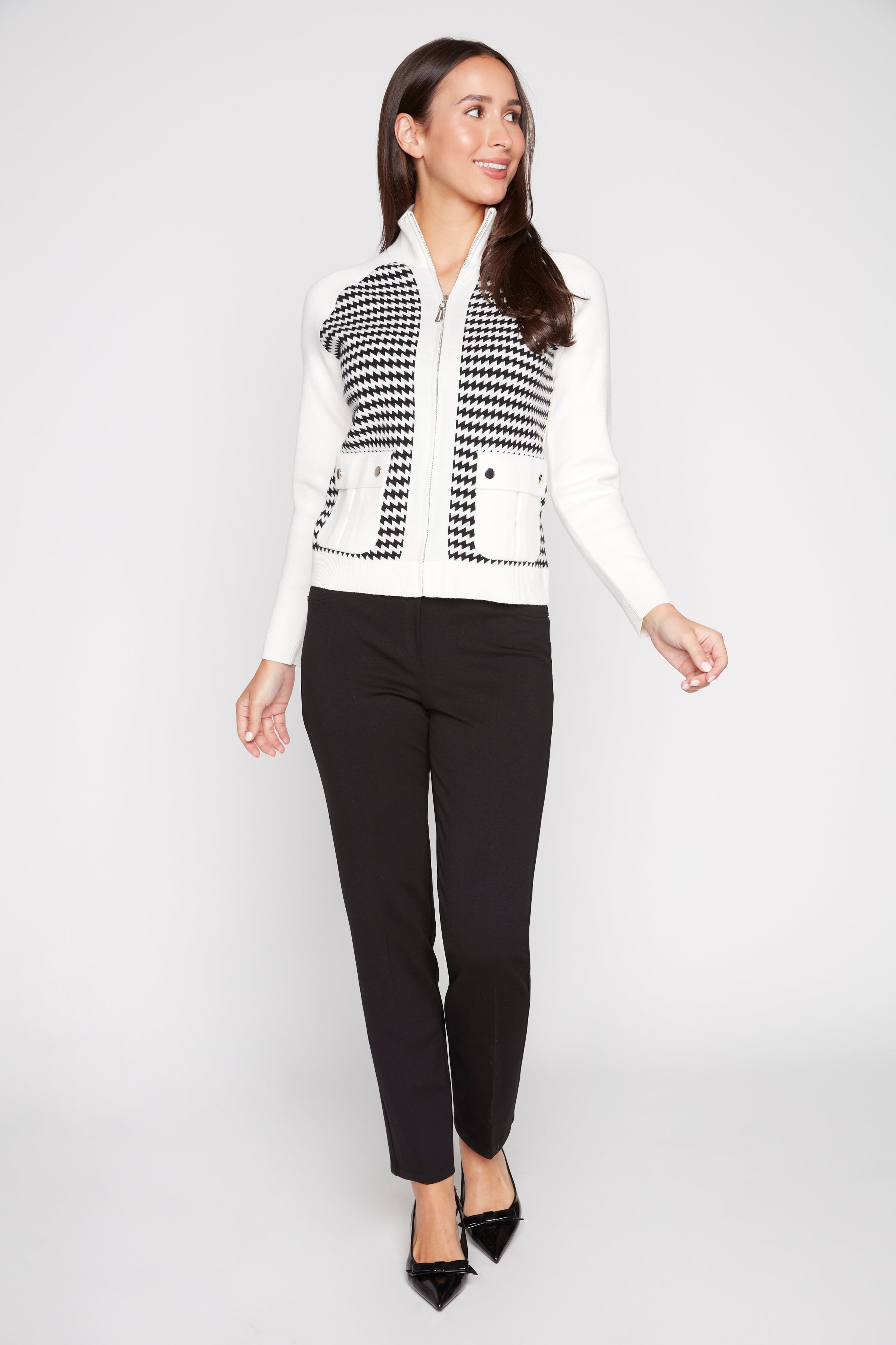 Houndstooth zip front cardigan