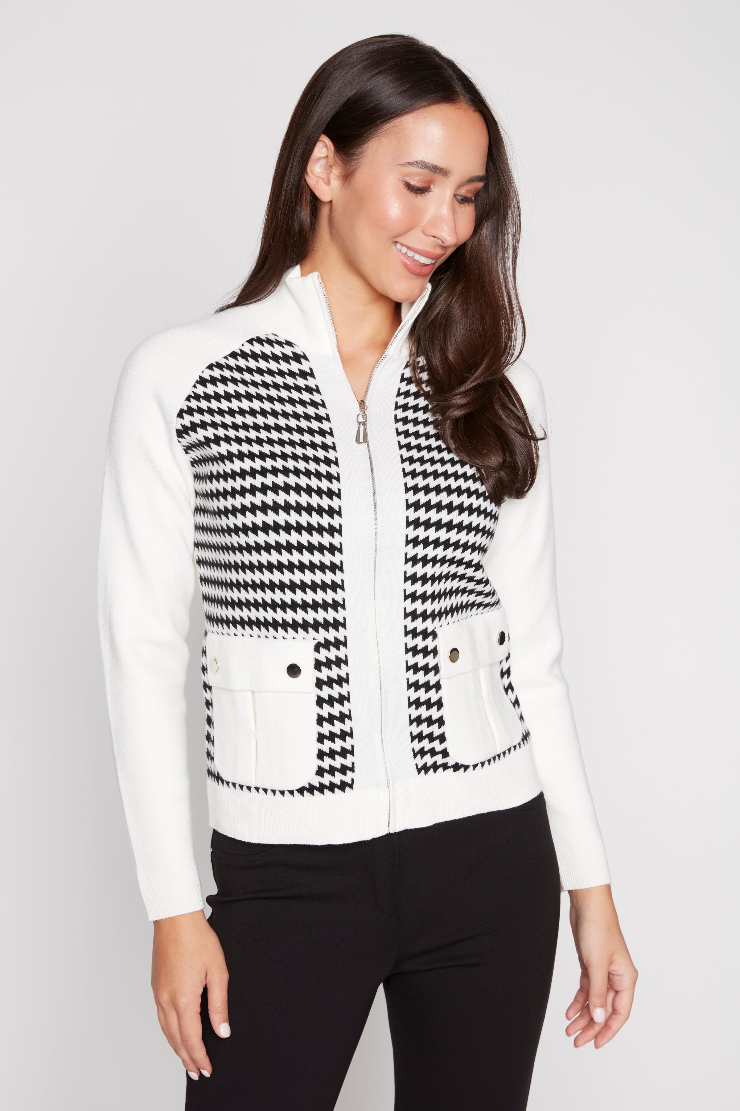 Houndstooth zip front cardigan