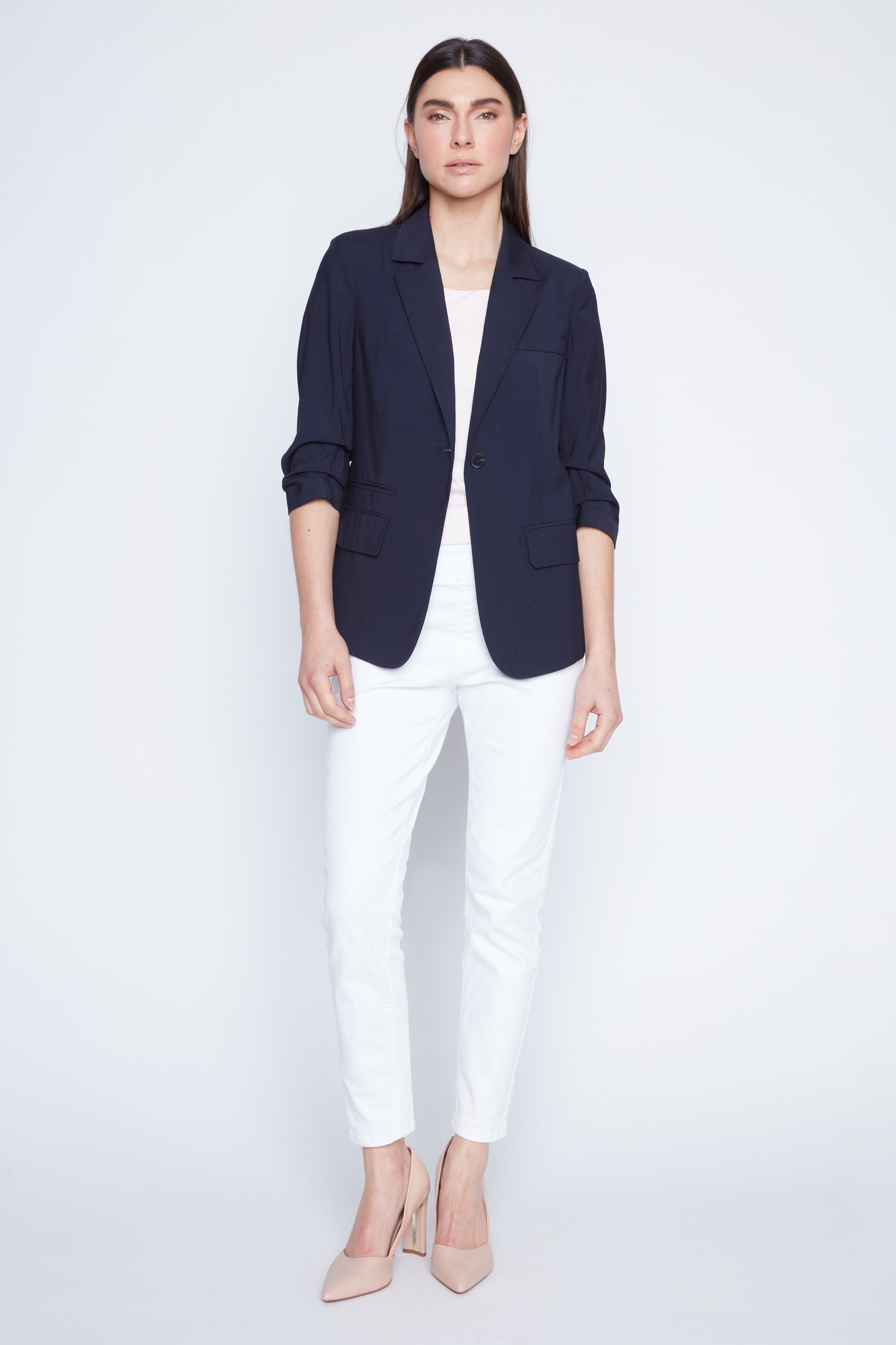 Ruched sleeve cotton blazer