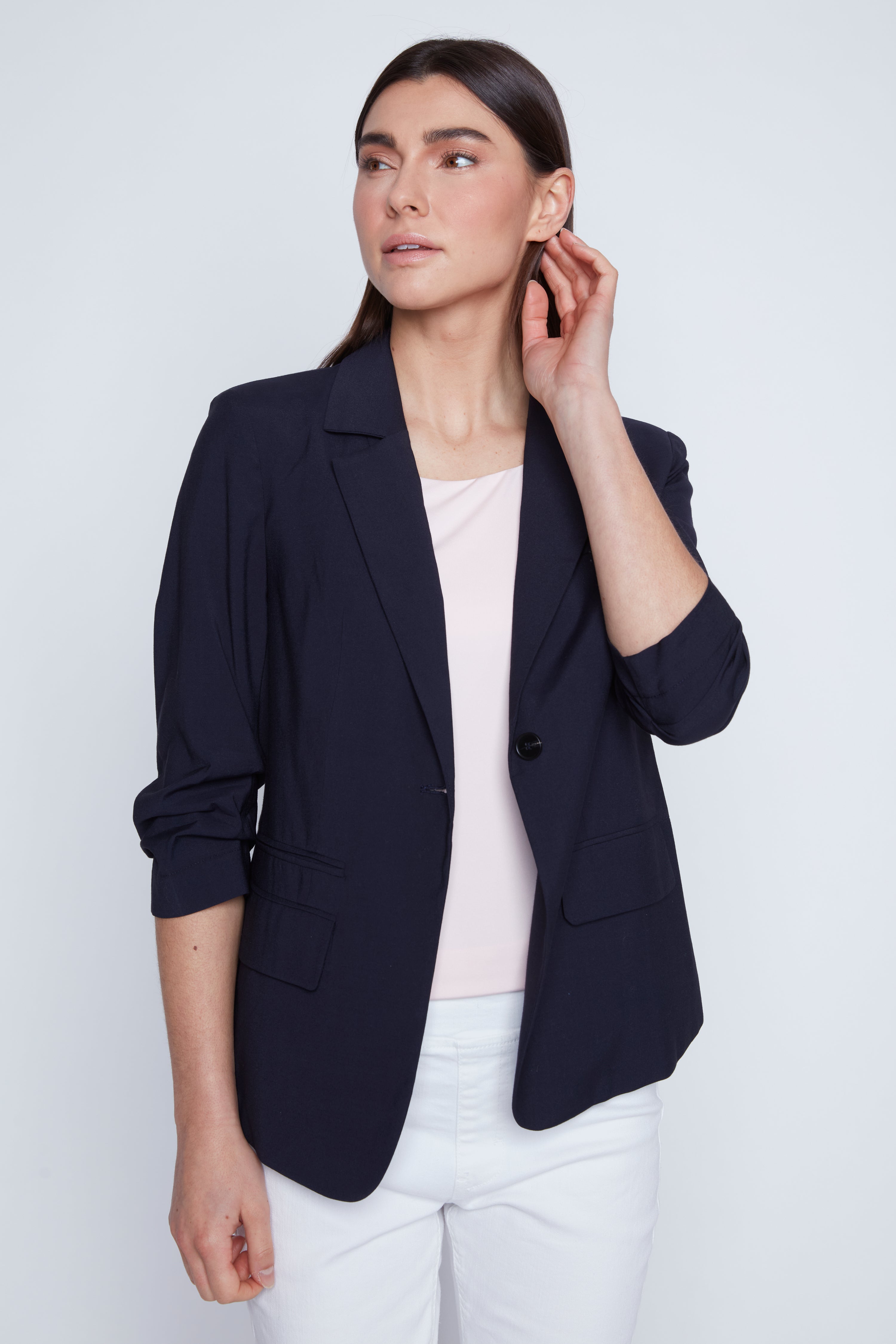 Ruched sleeve cotton blazer