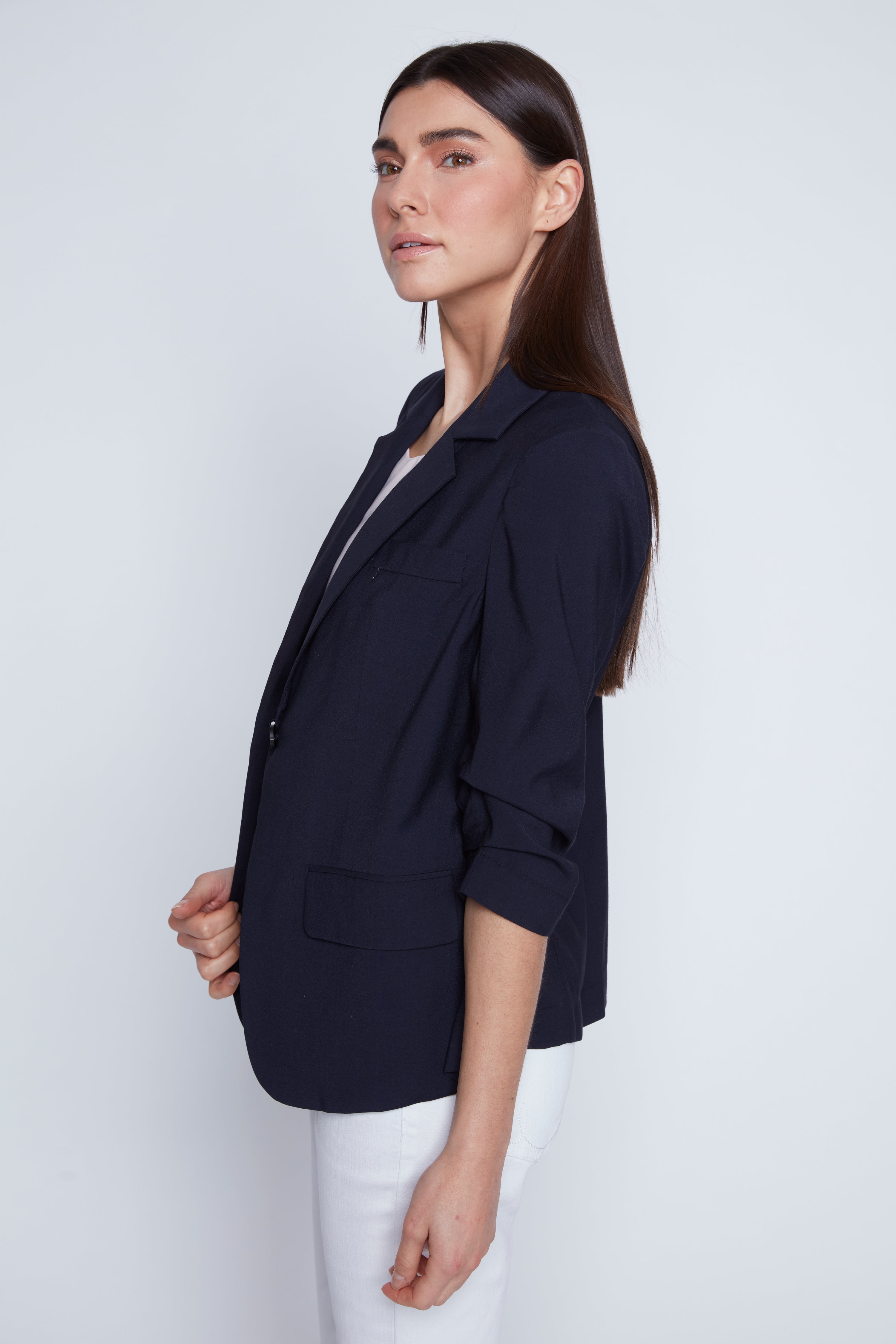 Ruched sleeve cotton blazer