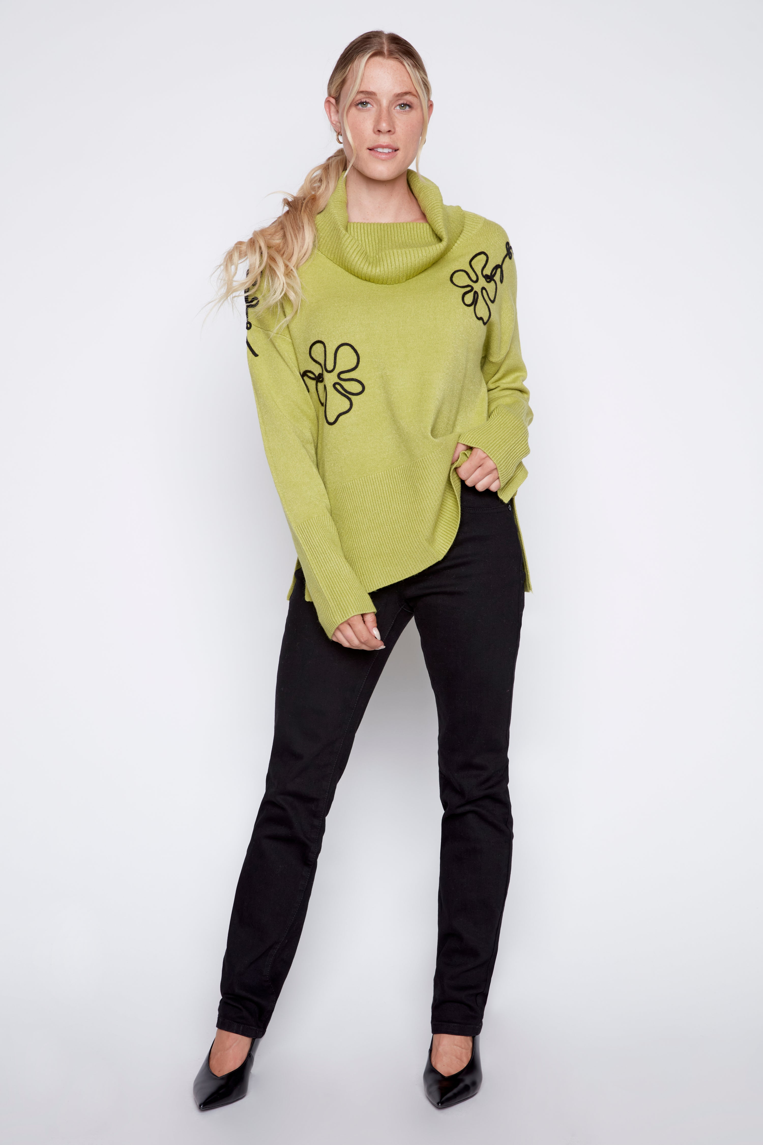 Cowl neck soutache flower sweater