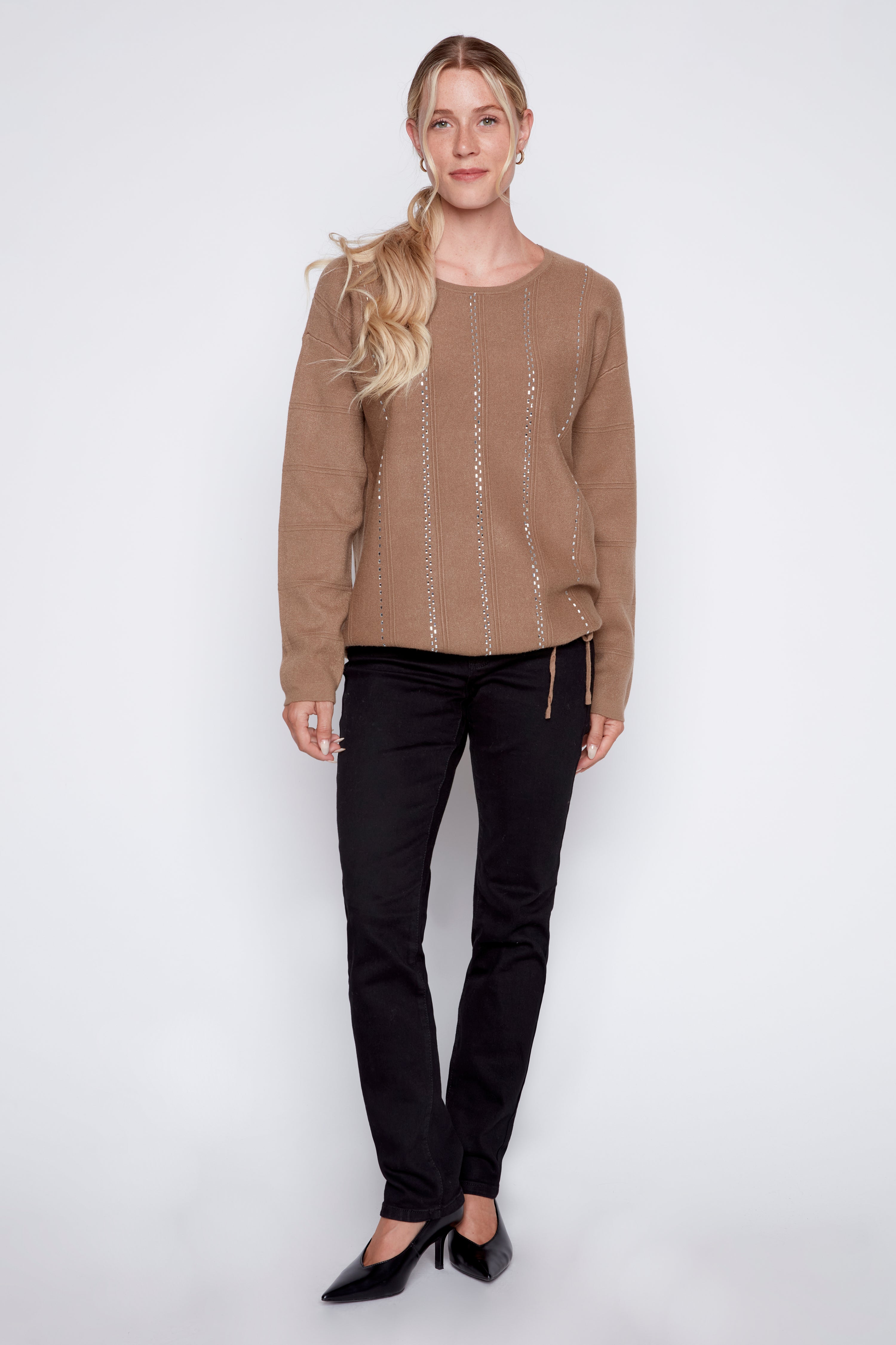 Rhinestone detail sweater with drawstring hem