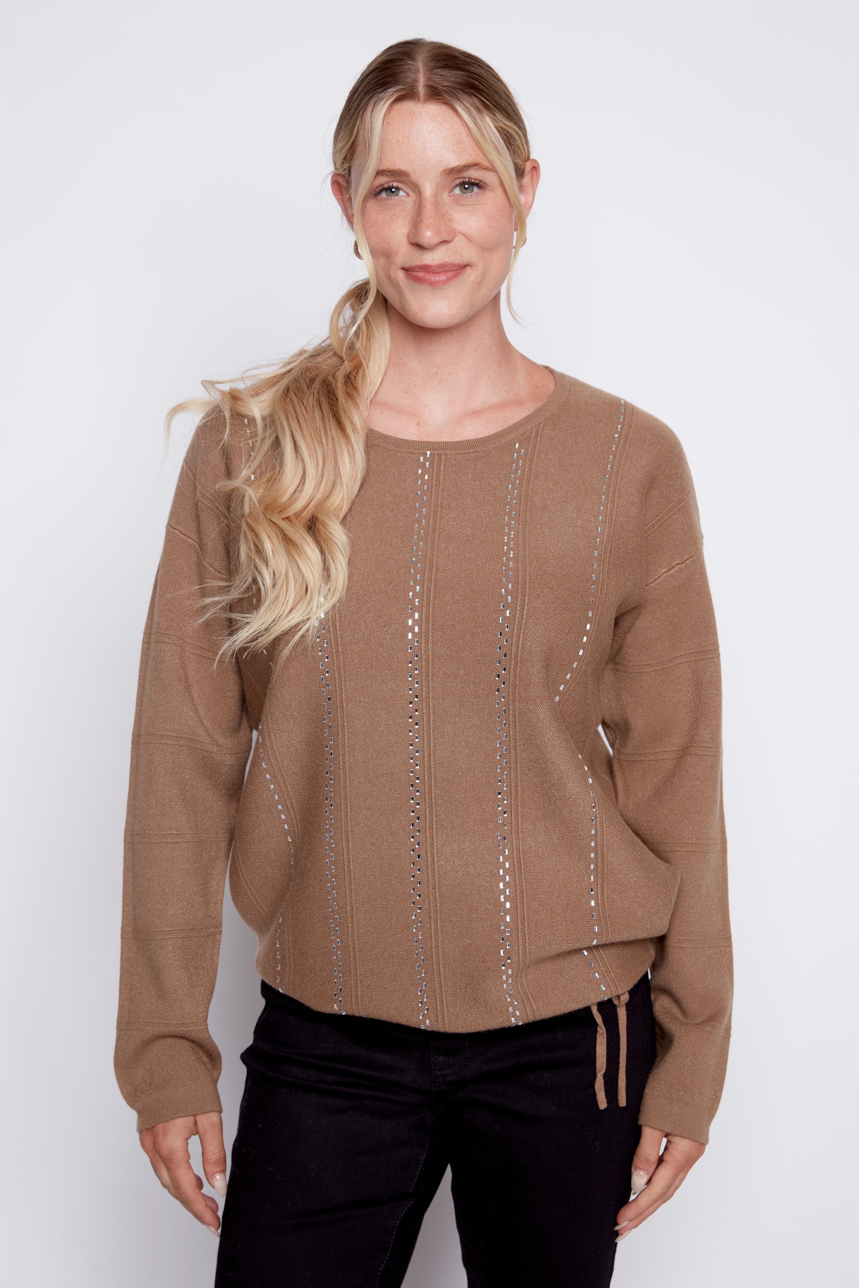 Rhinestone detail sweater with drawstring hem