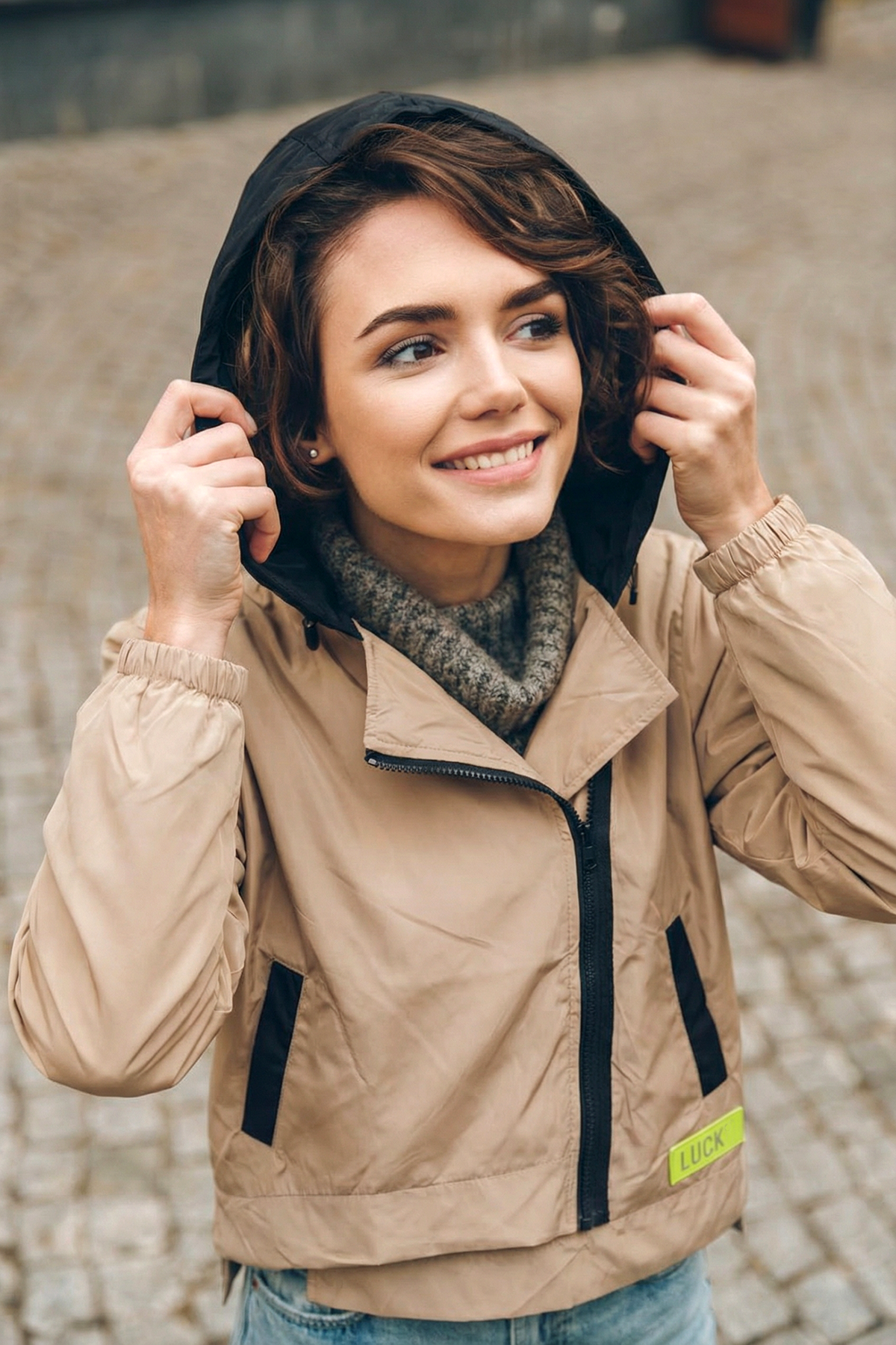 Off center zipper raincoat