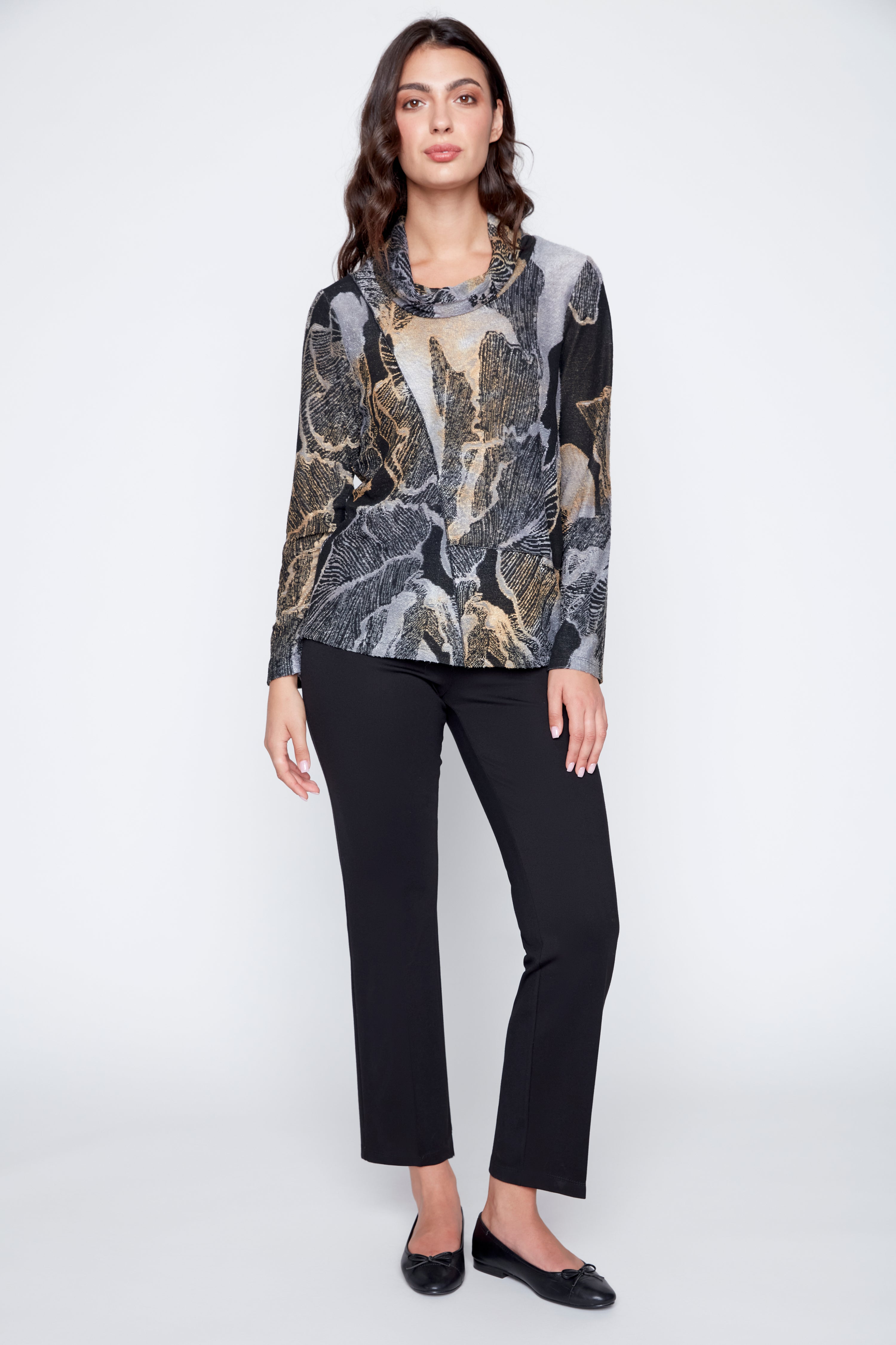 Cowl neck printed jacquard top