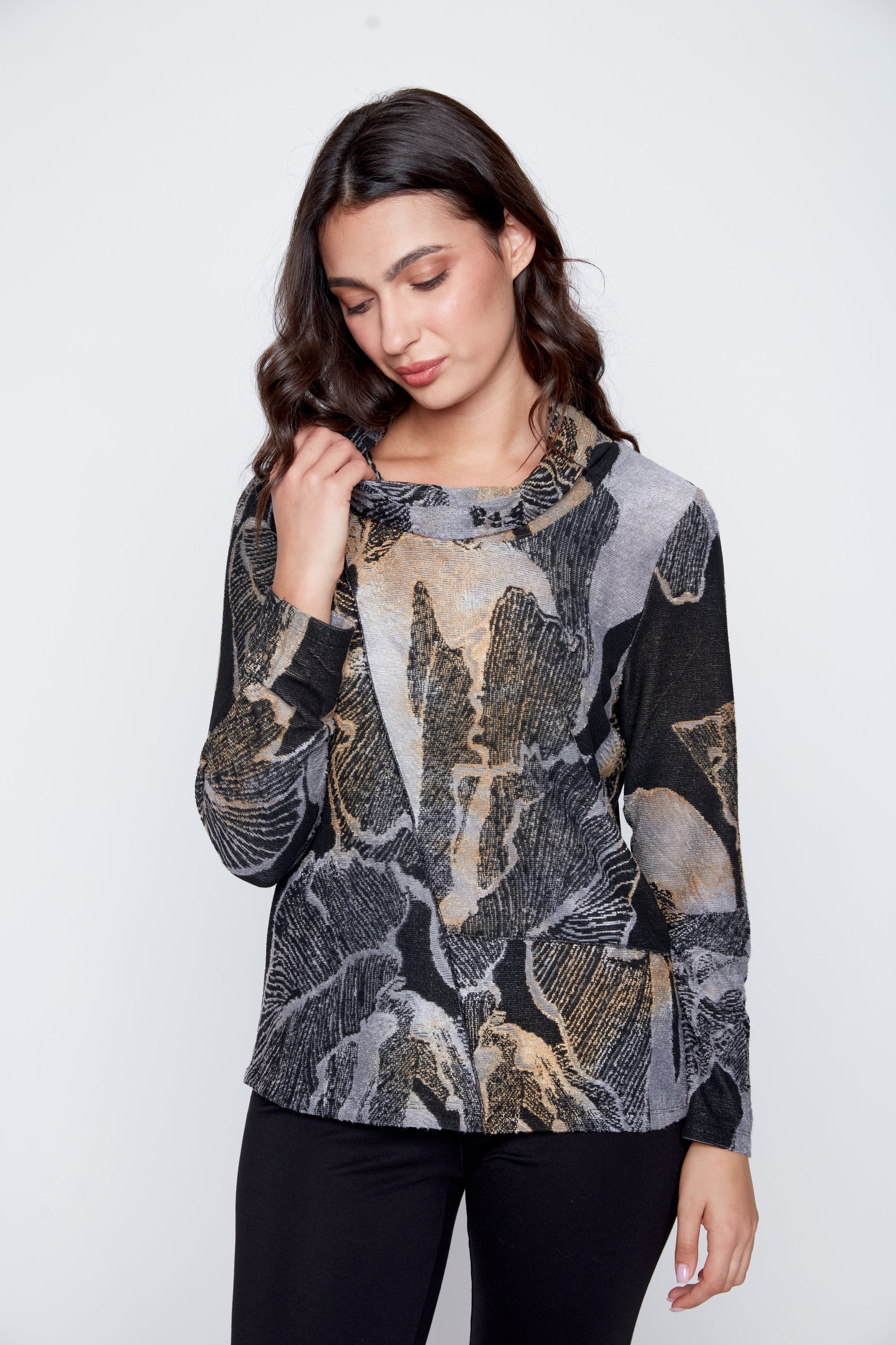 Cowl neck printed jacquard top