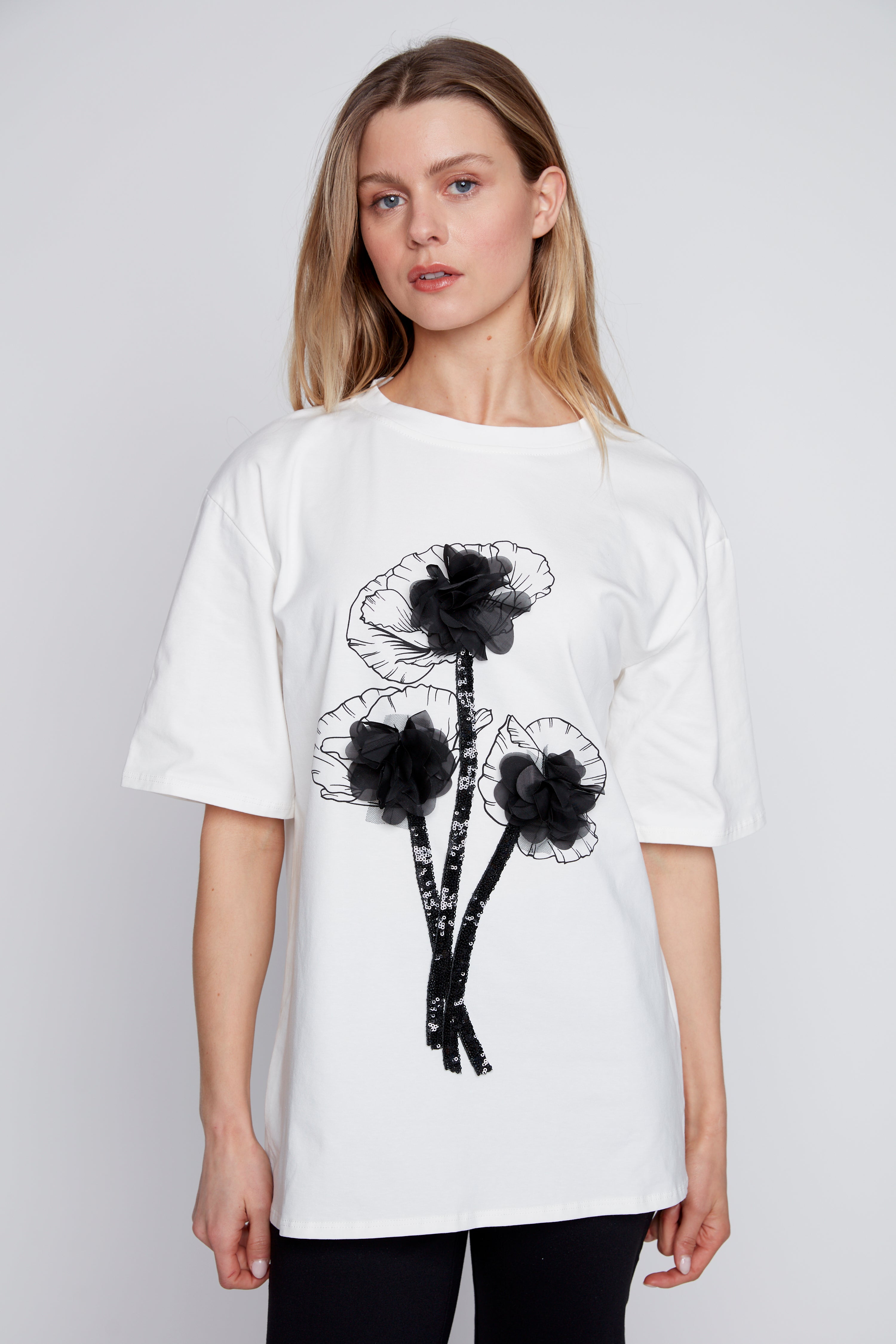 Flowers with lace cotton t-shirt