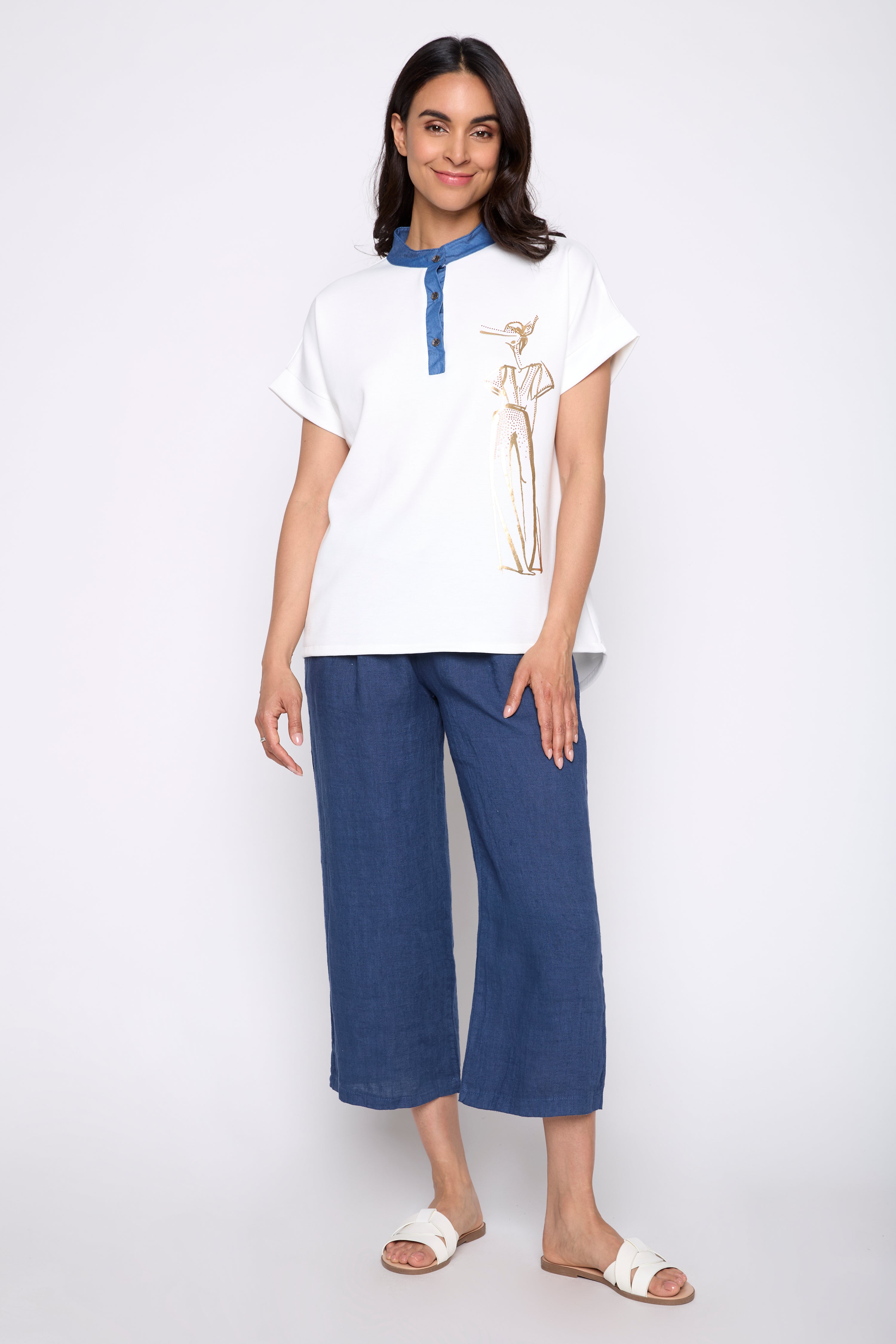 Foil print with denim scuba top