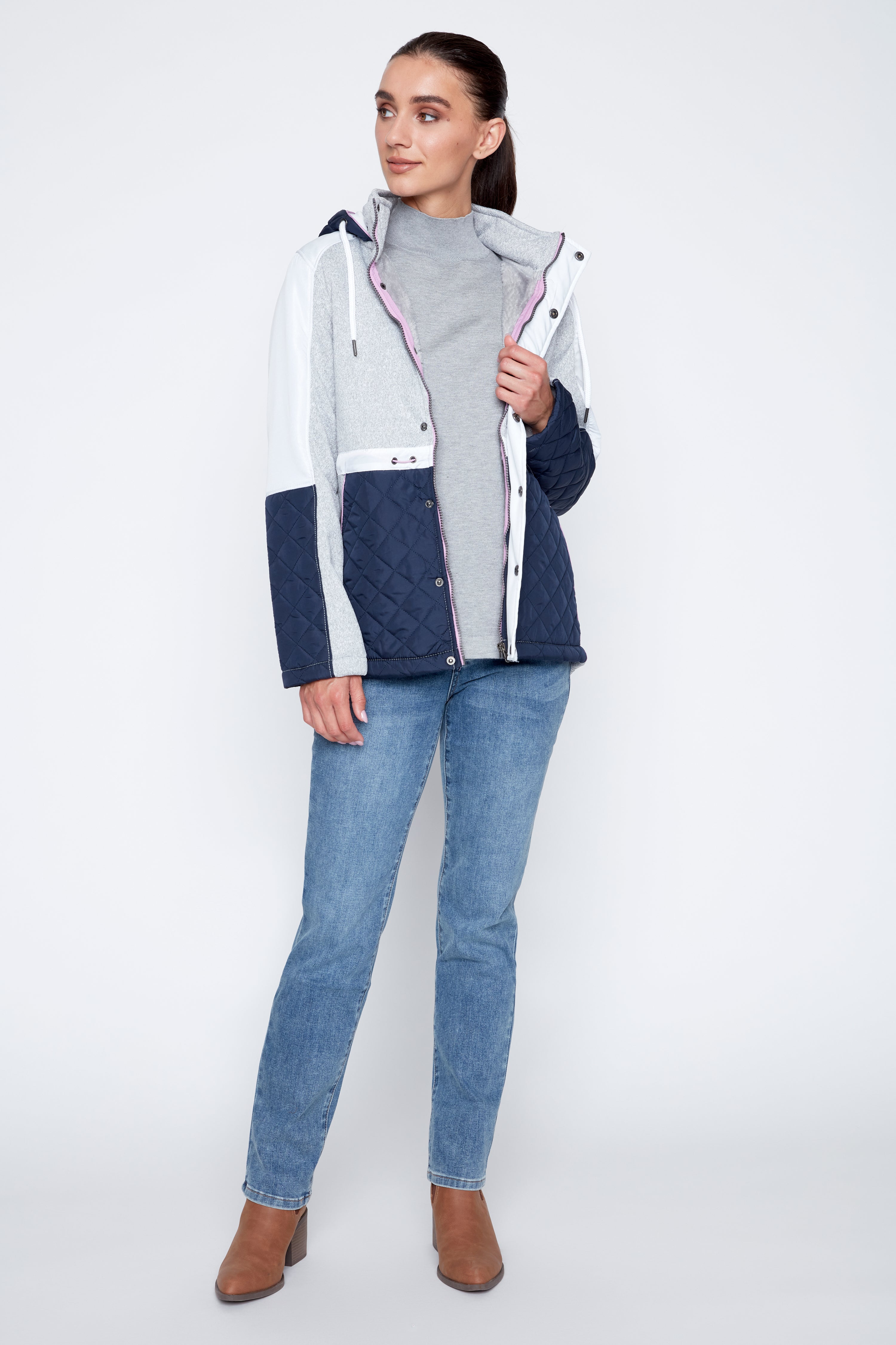 Color block mix media quilt jacket