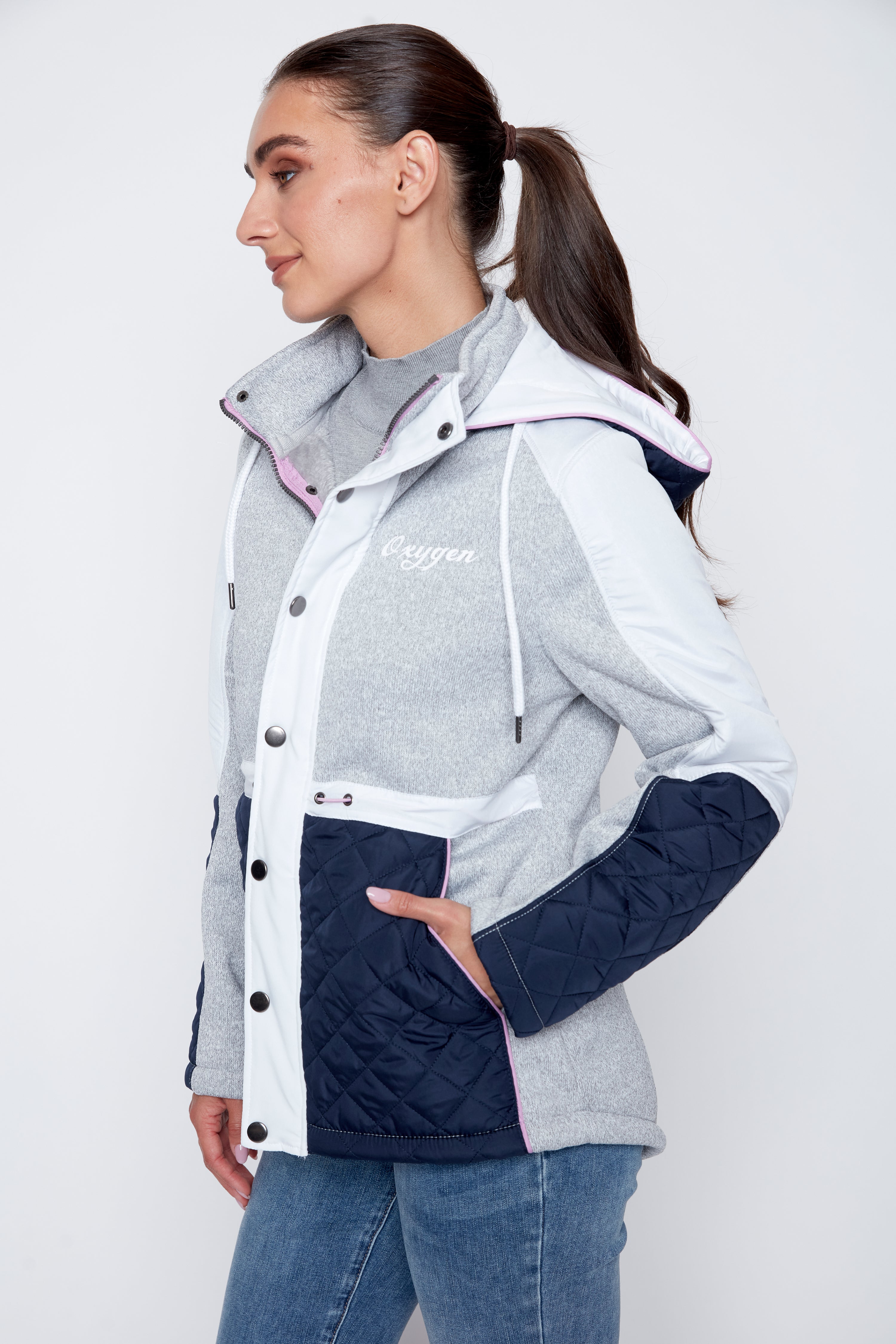Color block mix media quilt jacket