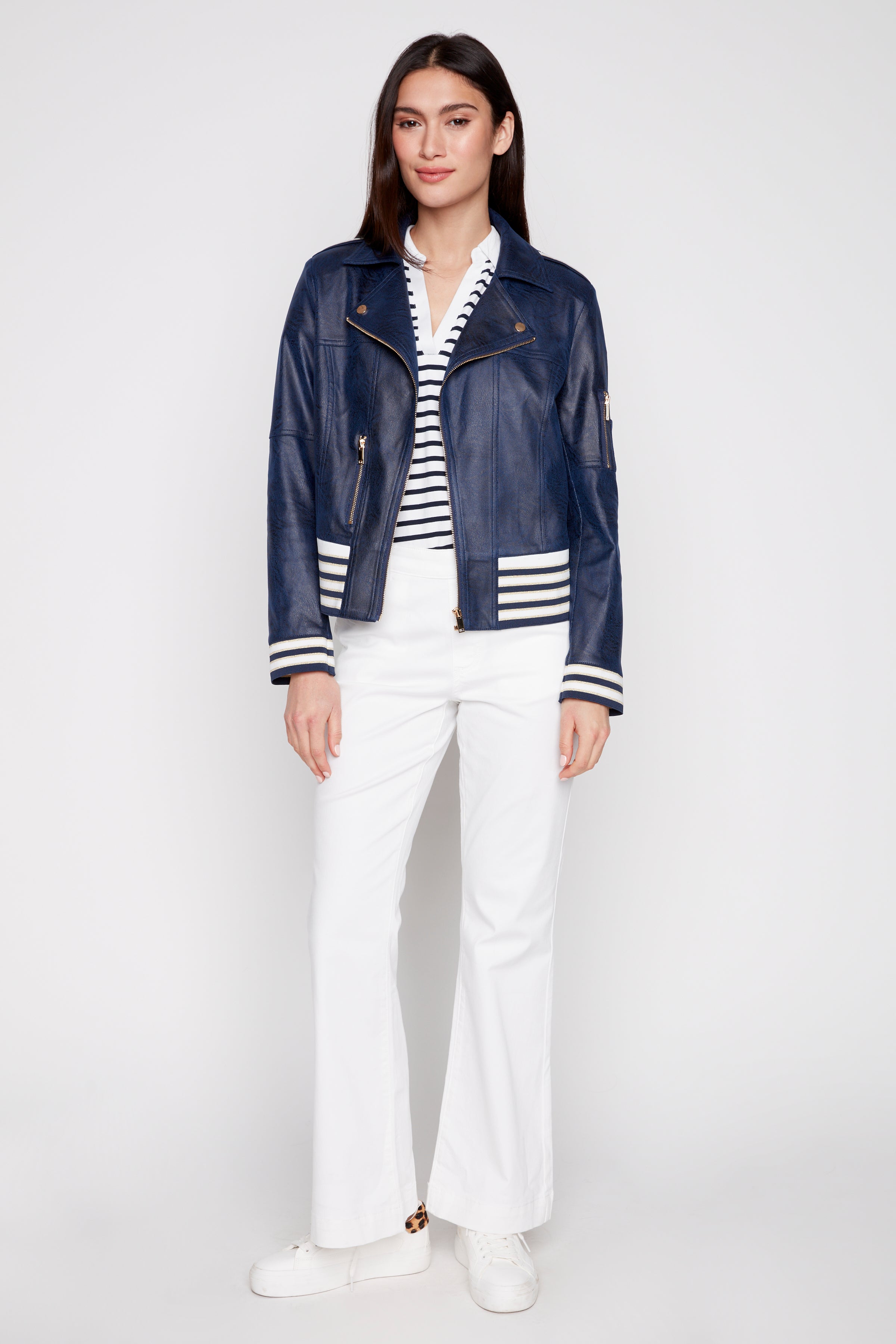 Stripe trim pleather jacket