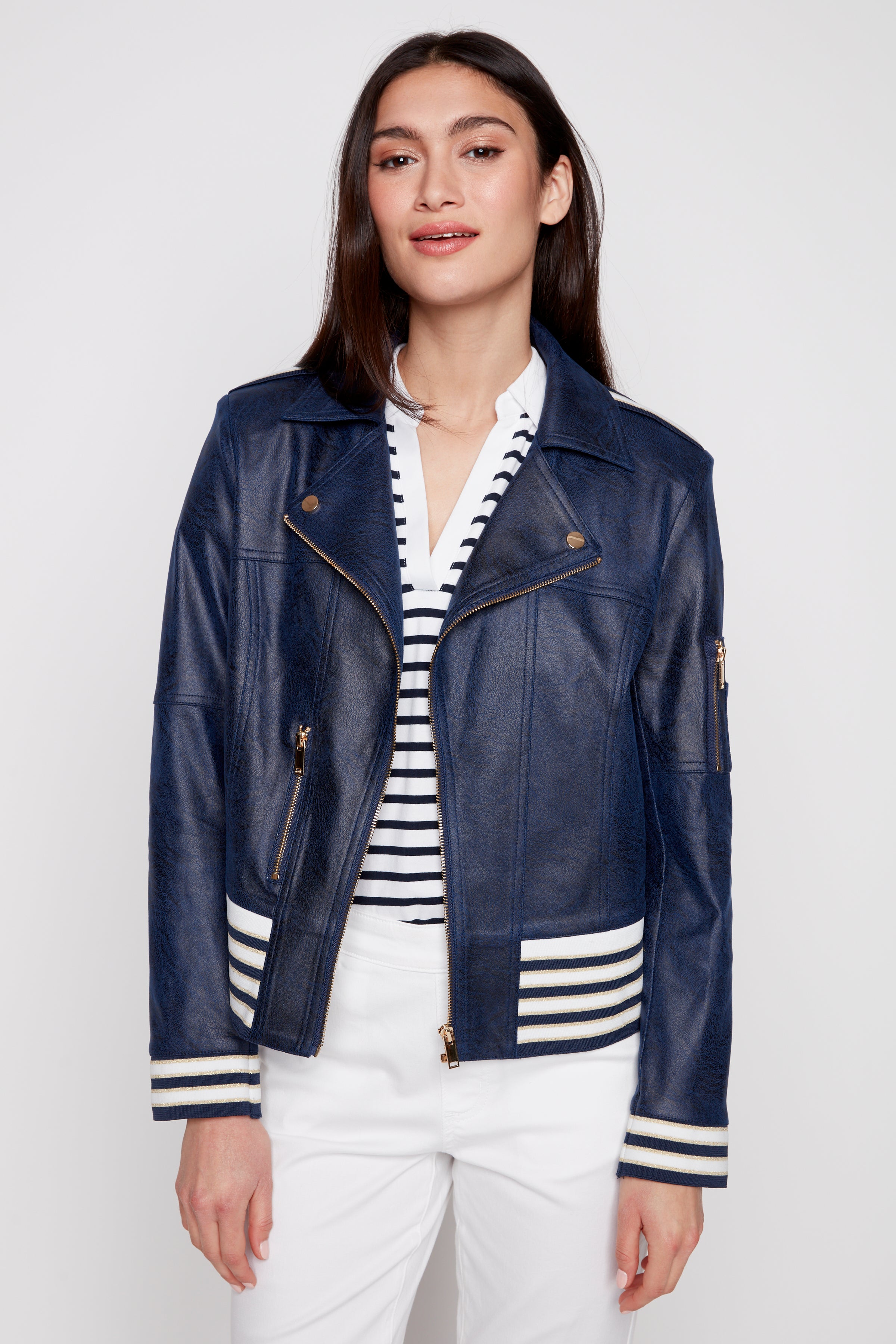 Stripe trim pleather jacket