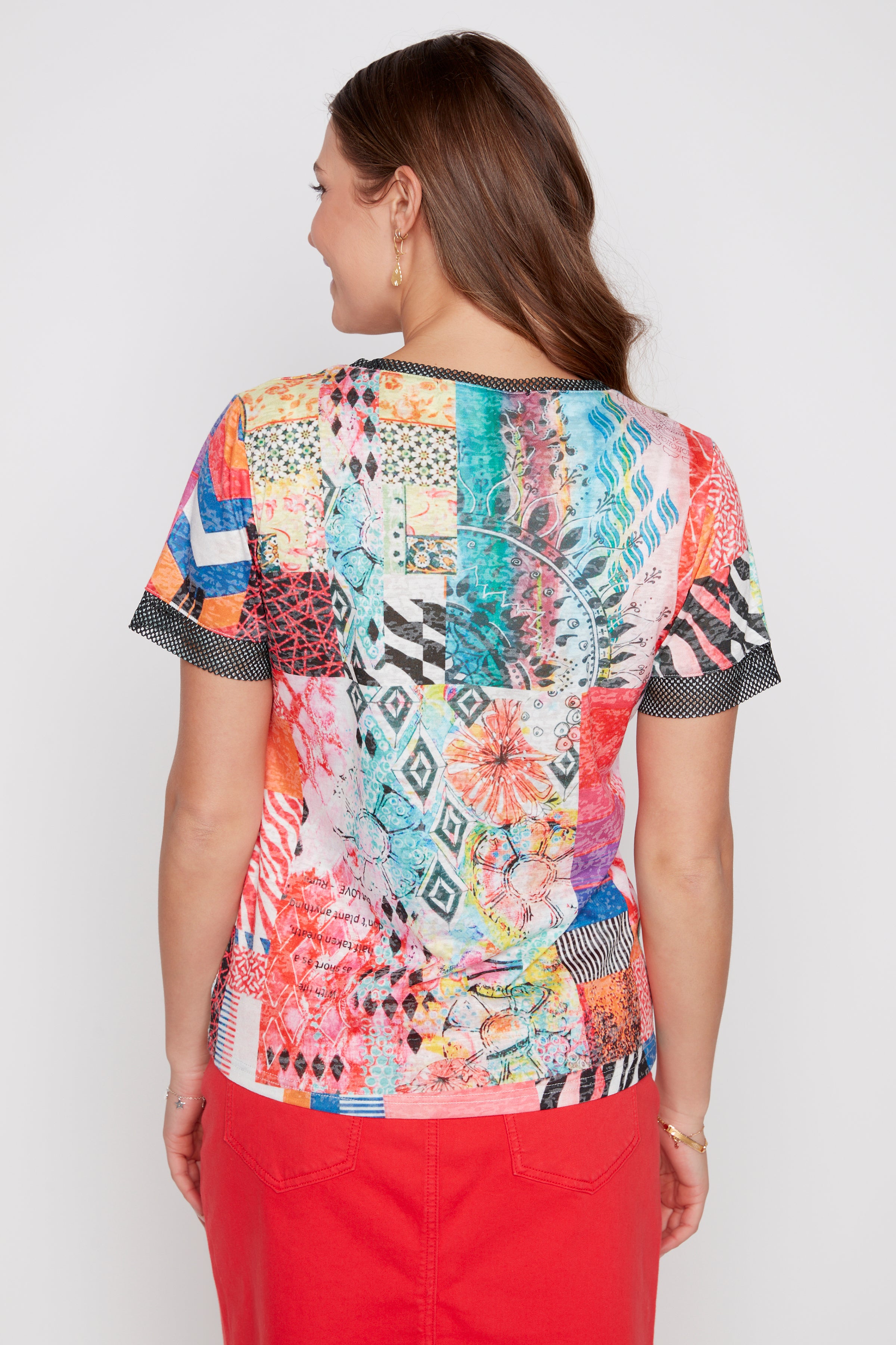 Mesh trim abstract print top