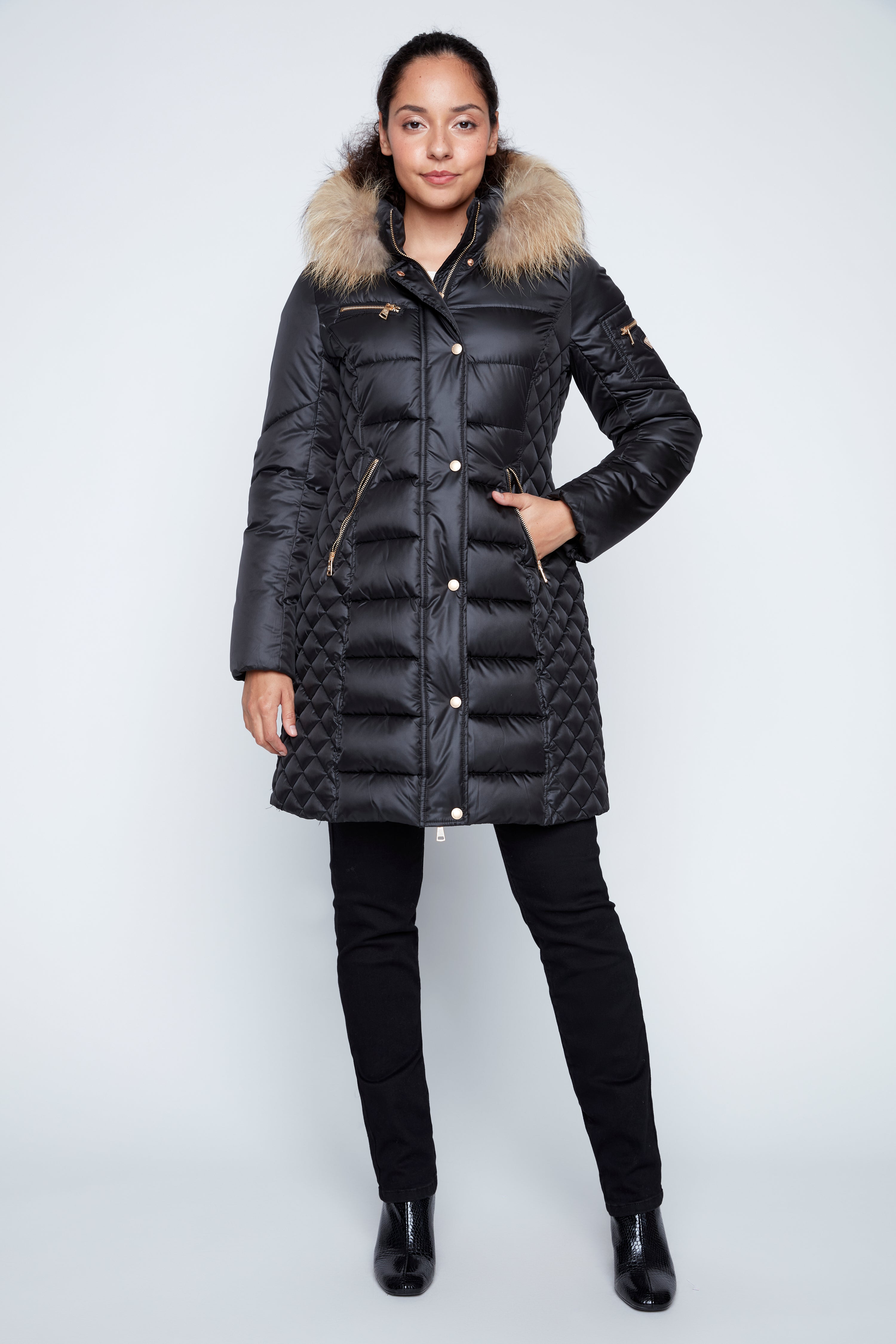 Diamond quilt trim puffer coat